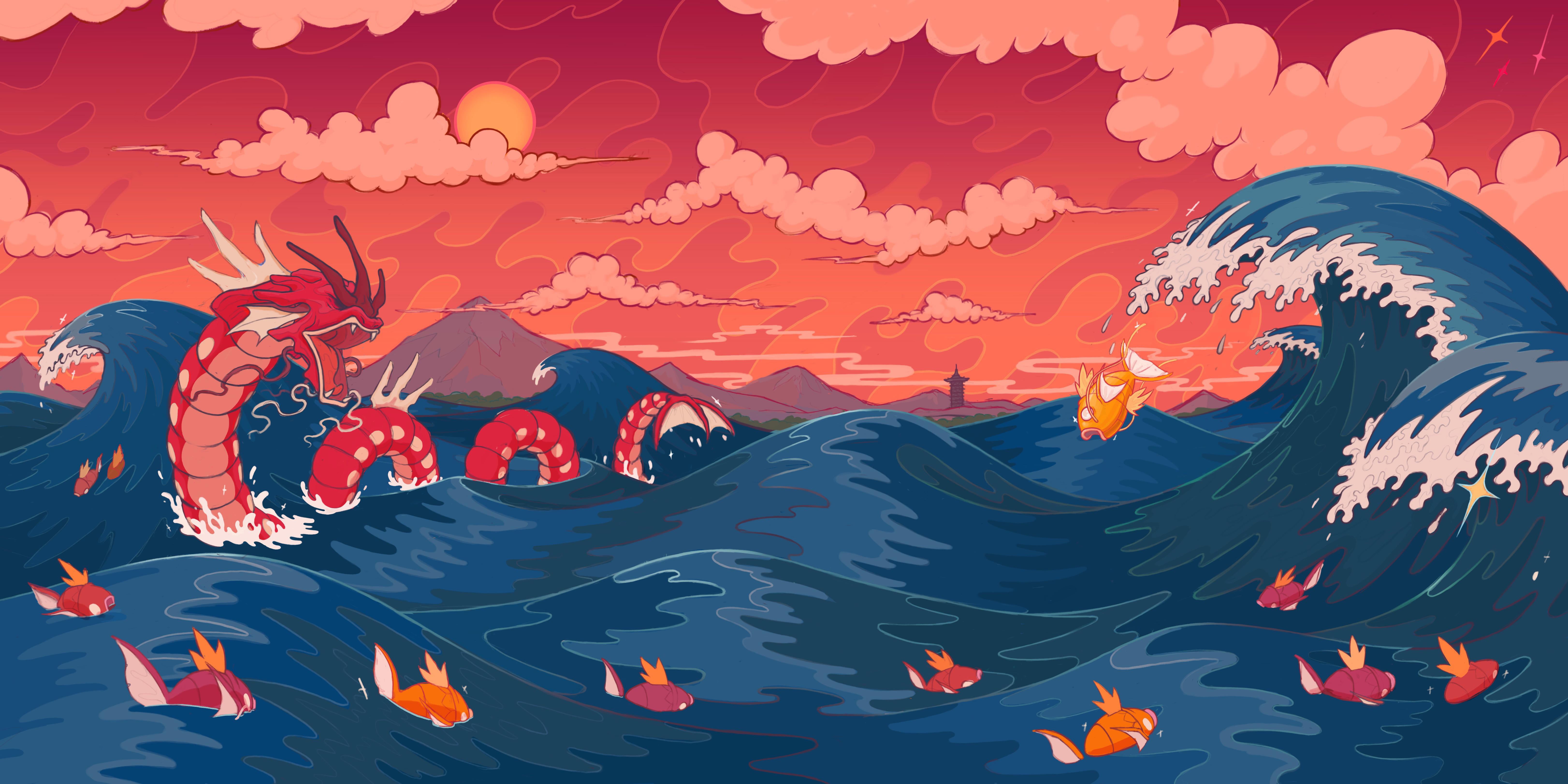 Magikarp, Gyarados, 5K, Pokémon, Lake of Rage, HD Wallpaper