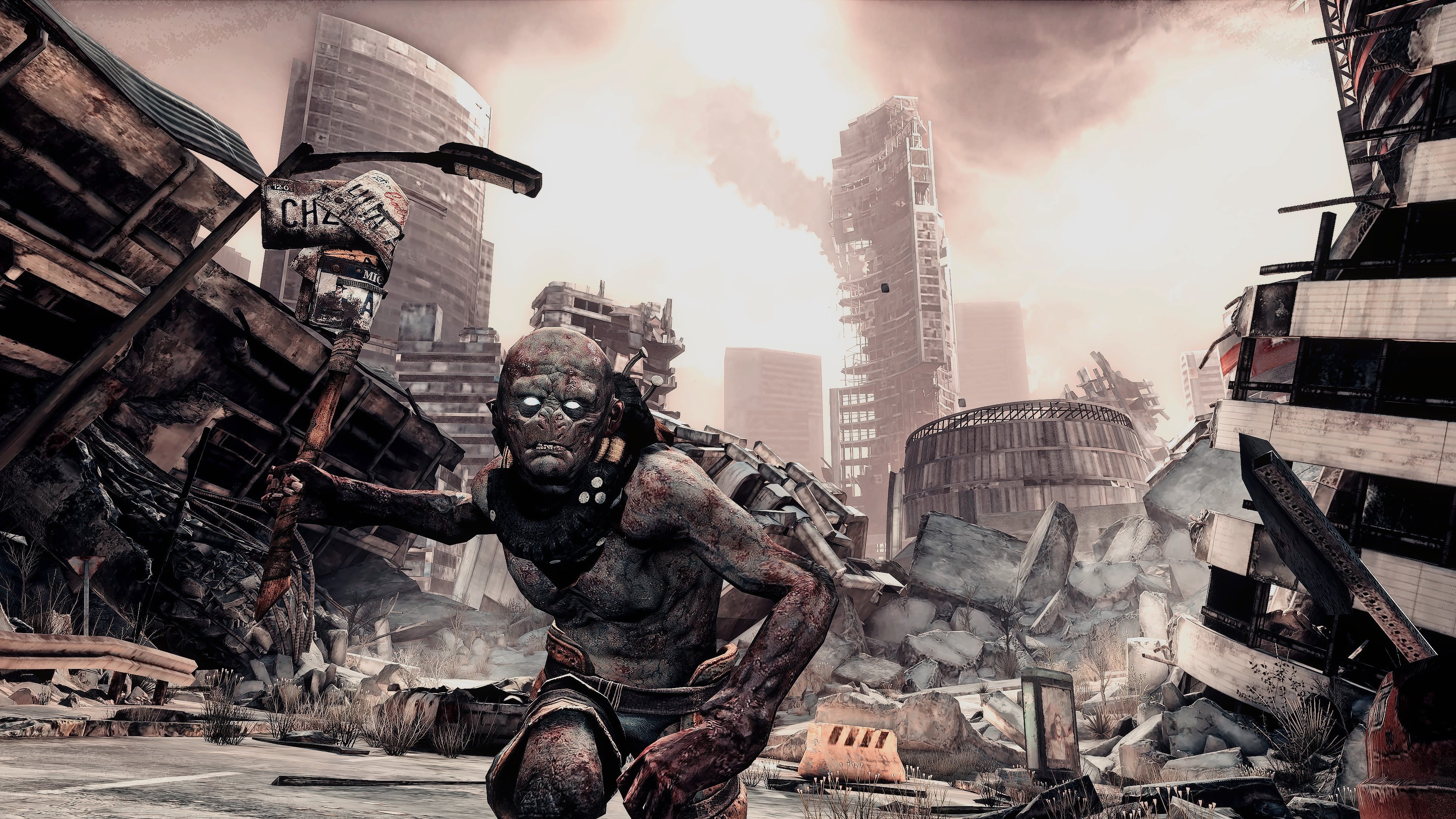 4K, holding, robot, art and craft, day, damaged, no people, statue, Mutant, digital composite, human representation, skyscraper, representation, axe, built structure, HD Wallpaper