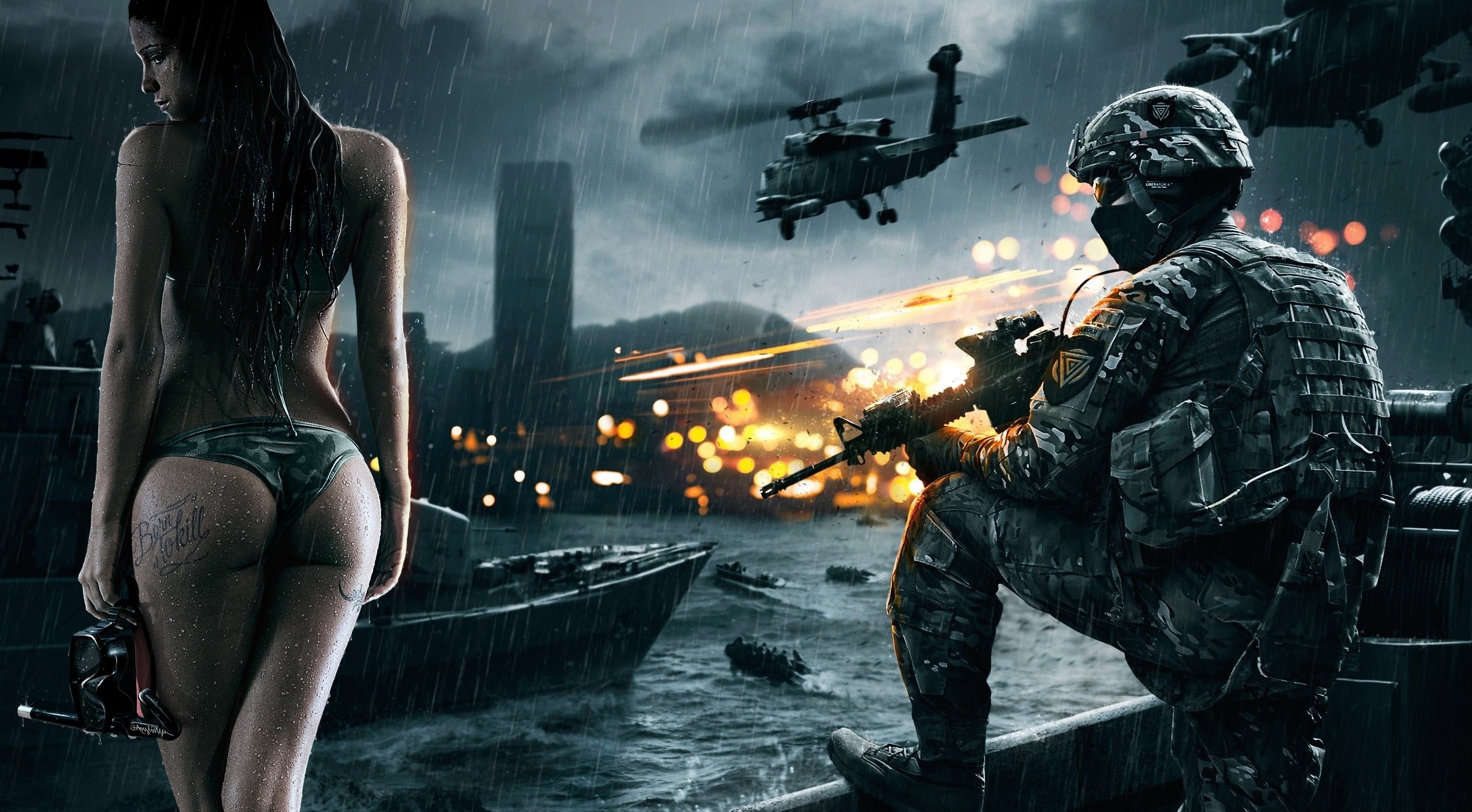 water, people, architecture, mode of transportation, conflict, adult, fighting, war, armed forces, nature, game, Battlefield, gun, day, standing, HD Wallpaper