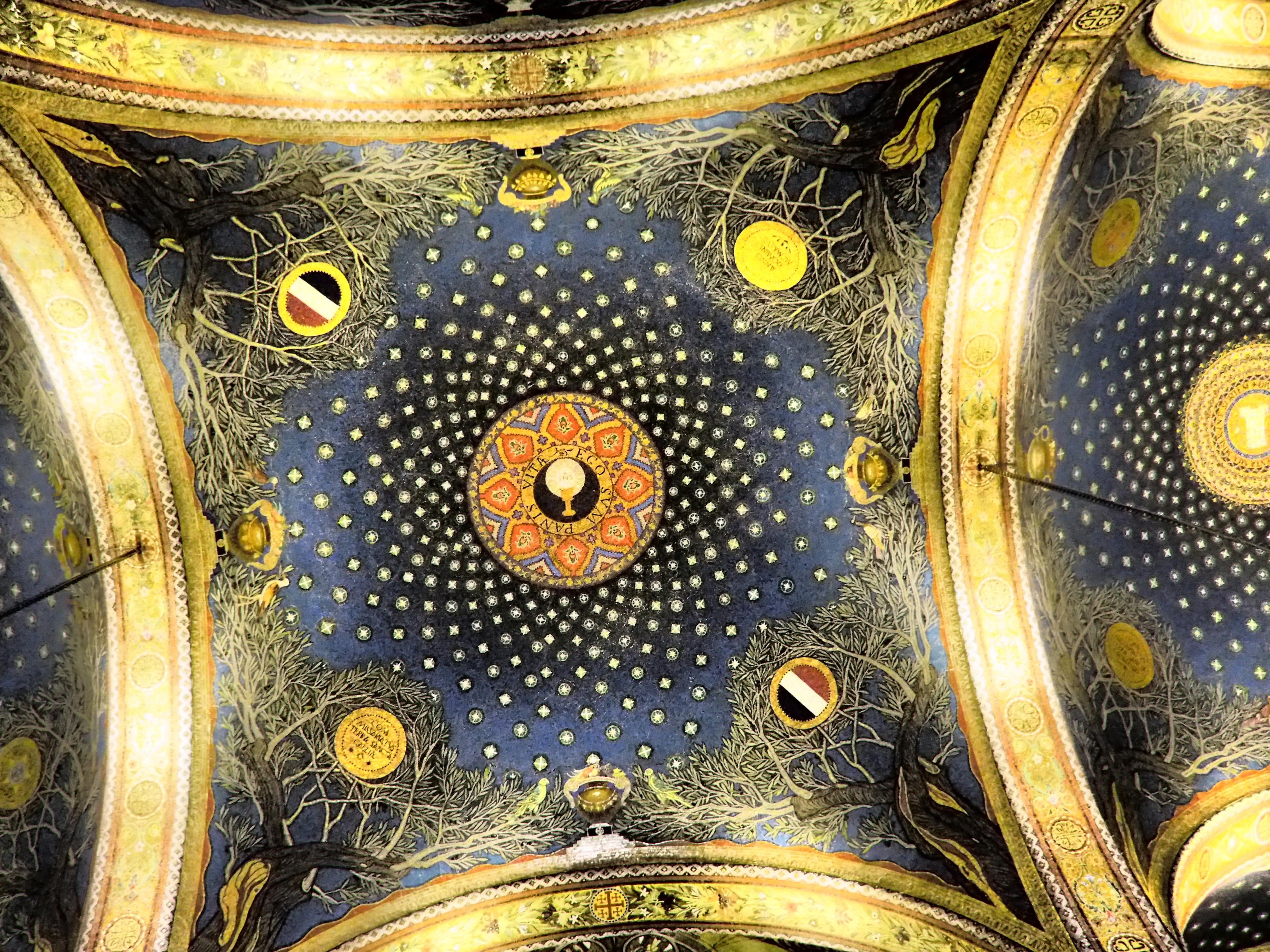 temple, christianity, mosaic, backgrounds, basilica, decoration, yellow, close-up, directly below, ceiling, electric lamp, shape, circle, building, ornate, HD Wallpaper