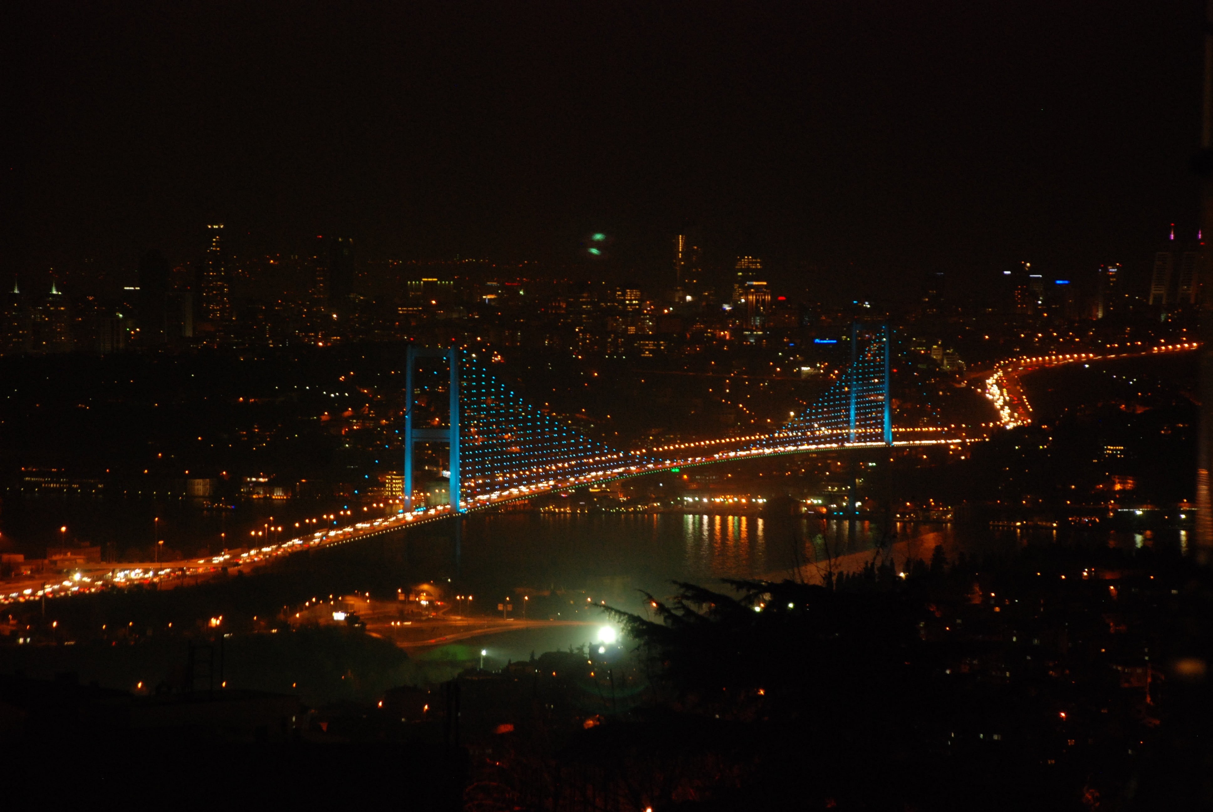 outdoors, night, 4K, cityscape, high angle view, martyrs bridge in july, building exterior, city life, transportation, modern, travel destinations, light, HD Wallpaper