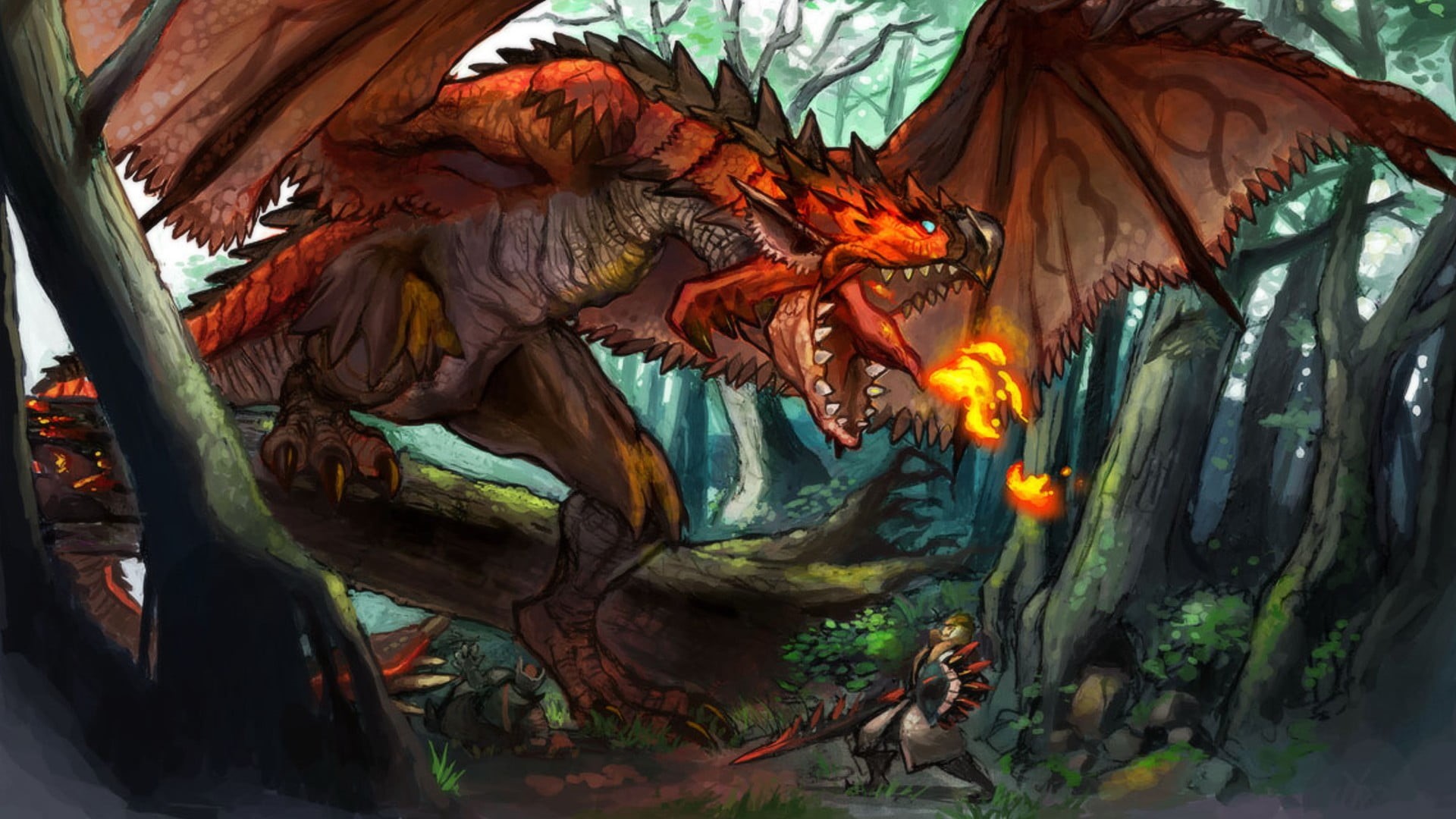 low angle view, animal representation, representation, warrior, outdoors, plant, creativity, multi colored, 1080P, Rathalos, nature, painting, day, video games, HD Wallpaper