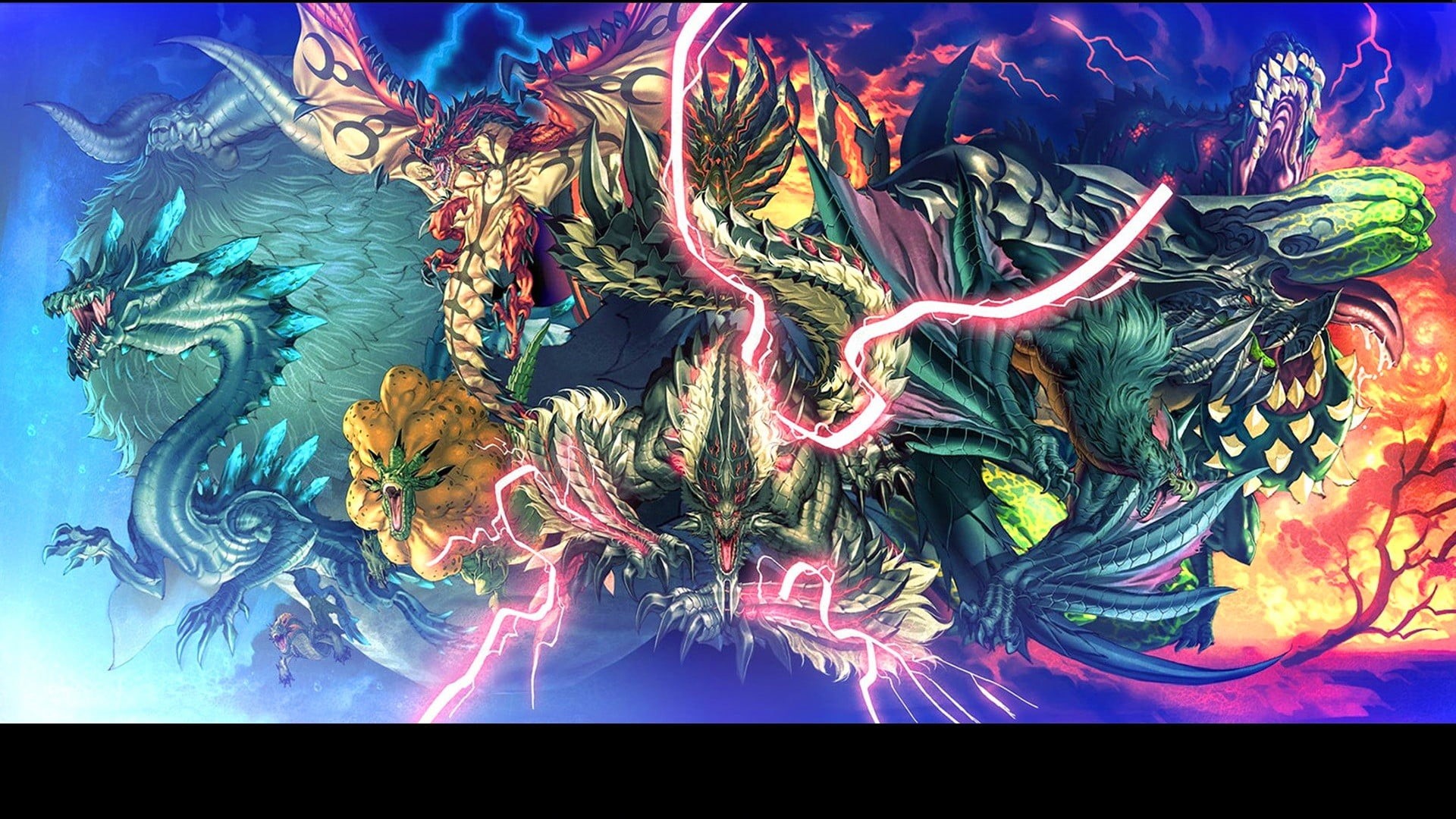 nature, high angle view, illustration, marine, food, auto post production filter, dragons, assorted, directly above, sea, Deviljho, still life, blue, 1080P, HD Wallpaper