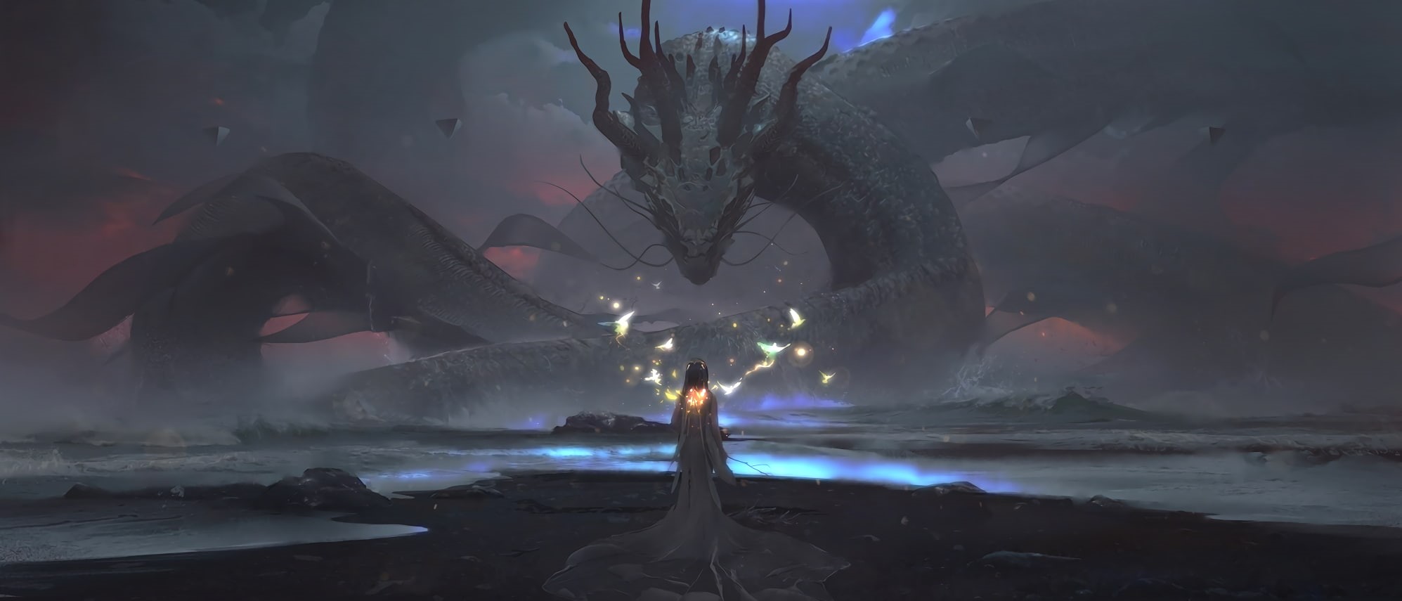 sea monsters, 1080P, clouds, coast, birds, mythology, artwork, water, fantasy art, waves, horns, dragon, magic, mist, HD Wallpaper