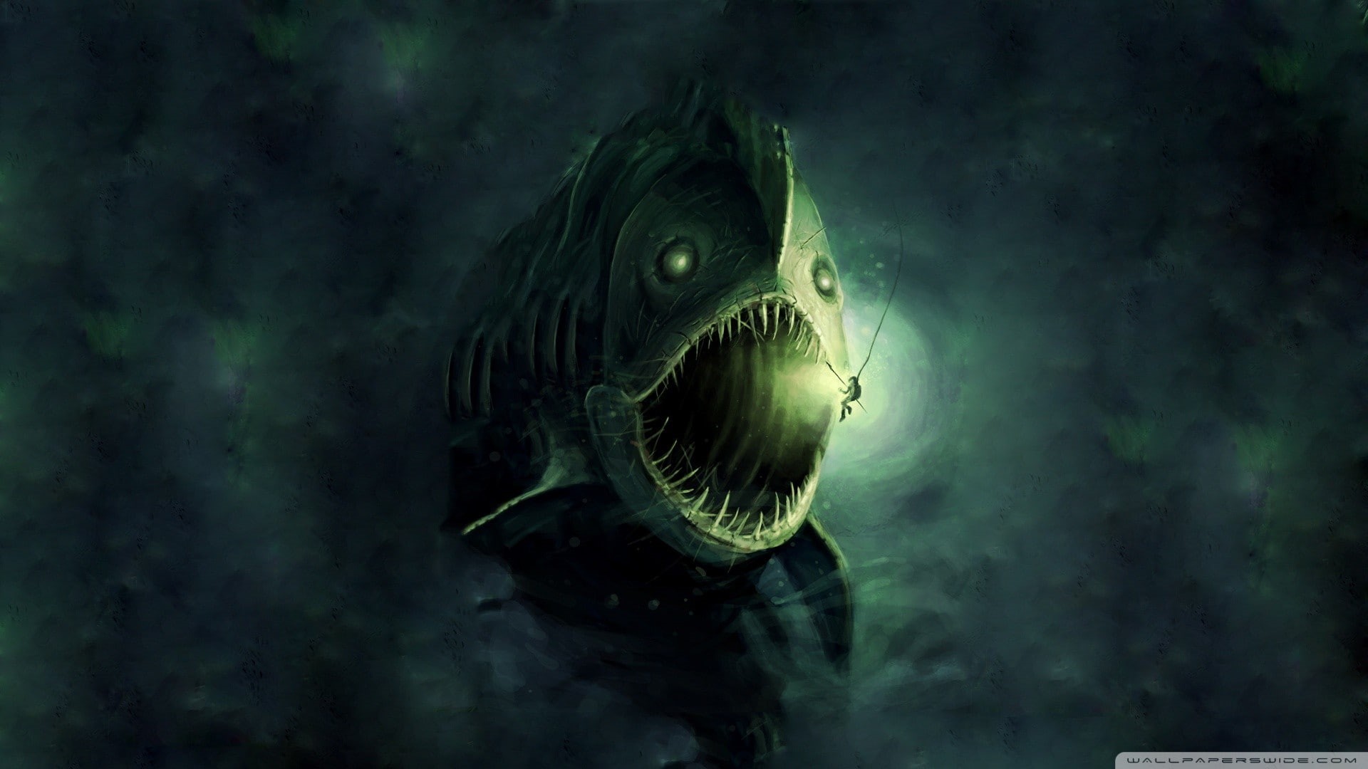 sea life, close-up, 1080P, one animal, animal wildlife, animal body part, underwater, deep sea, sea monsters, animal head, Anglerfish, digital art, lights, HD Wallpaper