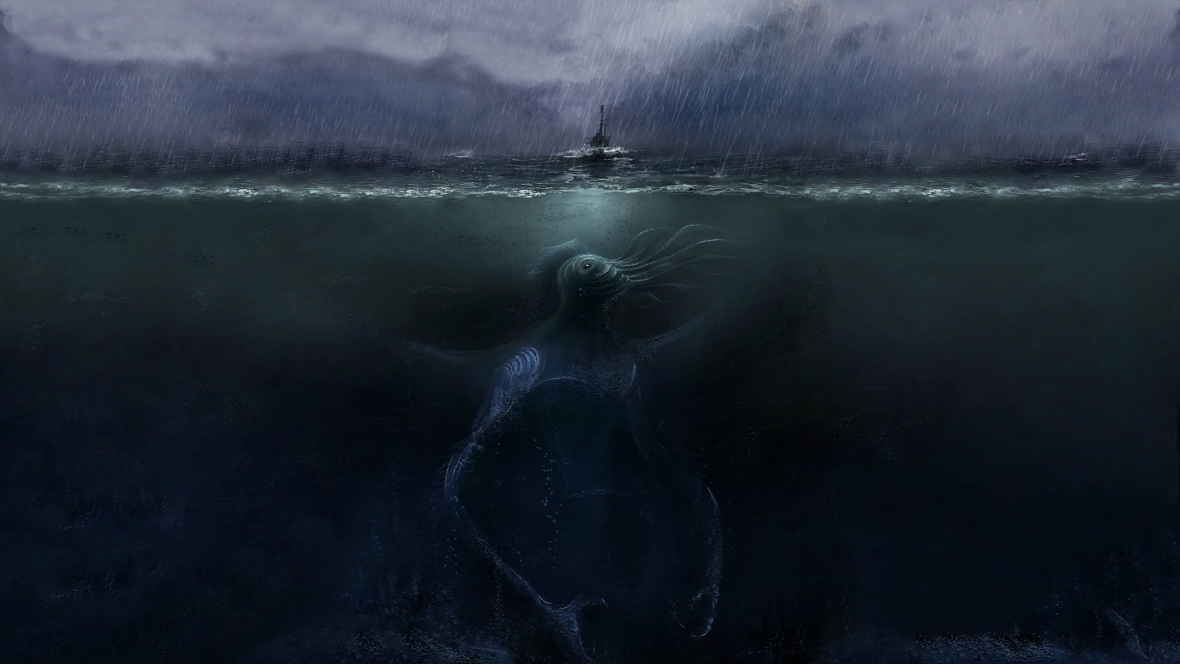 underwater, giant, sea monsters, sea, boat, artwork, 4K, creature, HD Wallpaper