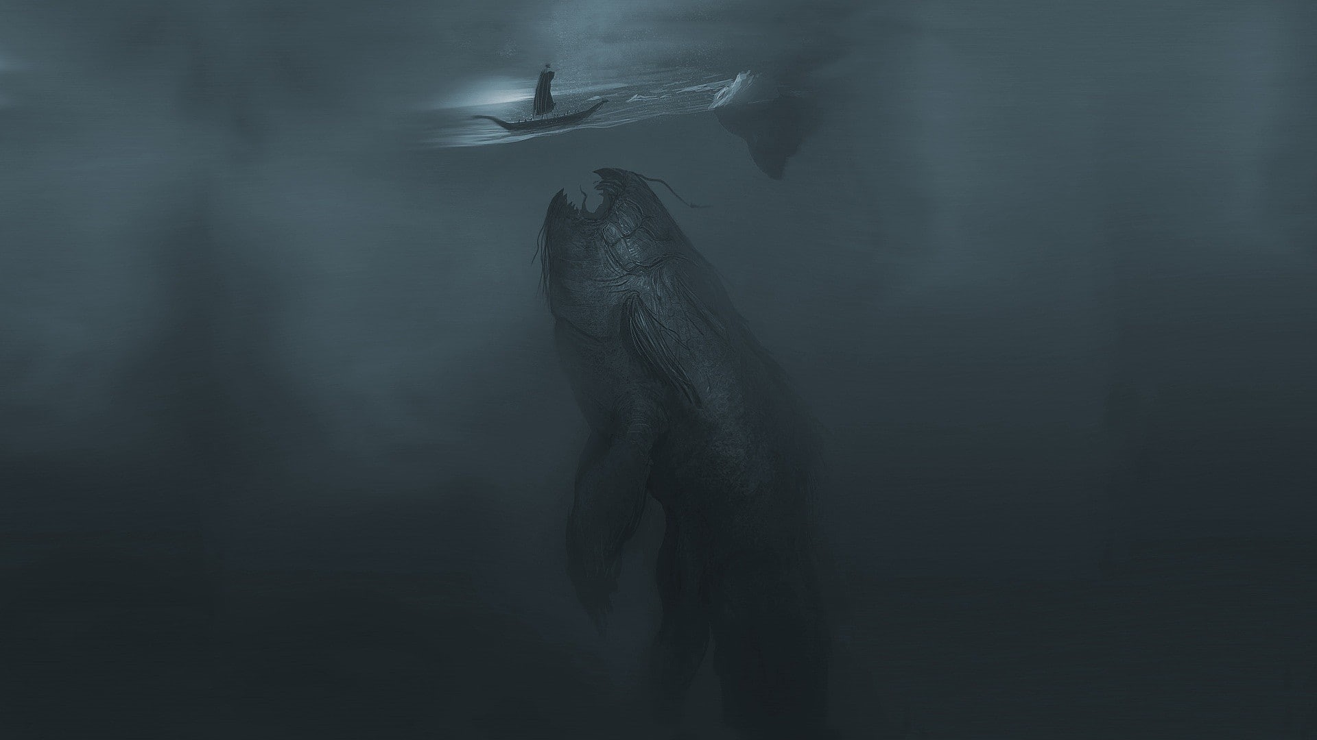 sea, monster, boat, underwater, artwork, fantasy art, 1080P, art, fantasy, creature, HD Wallpaper
