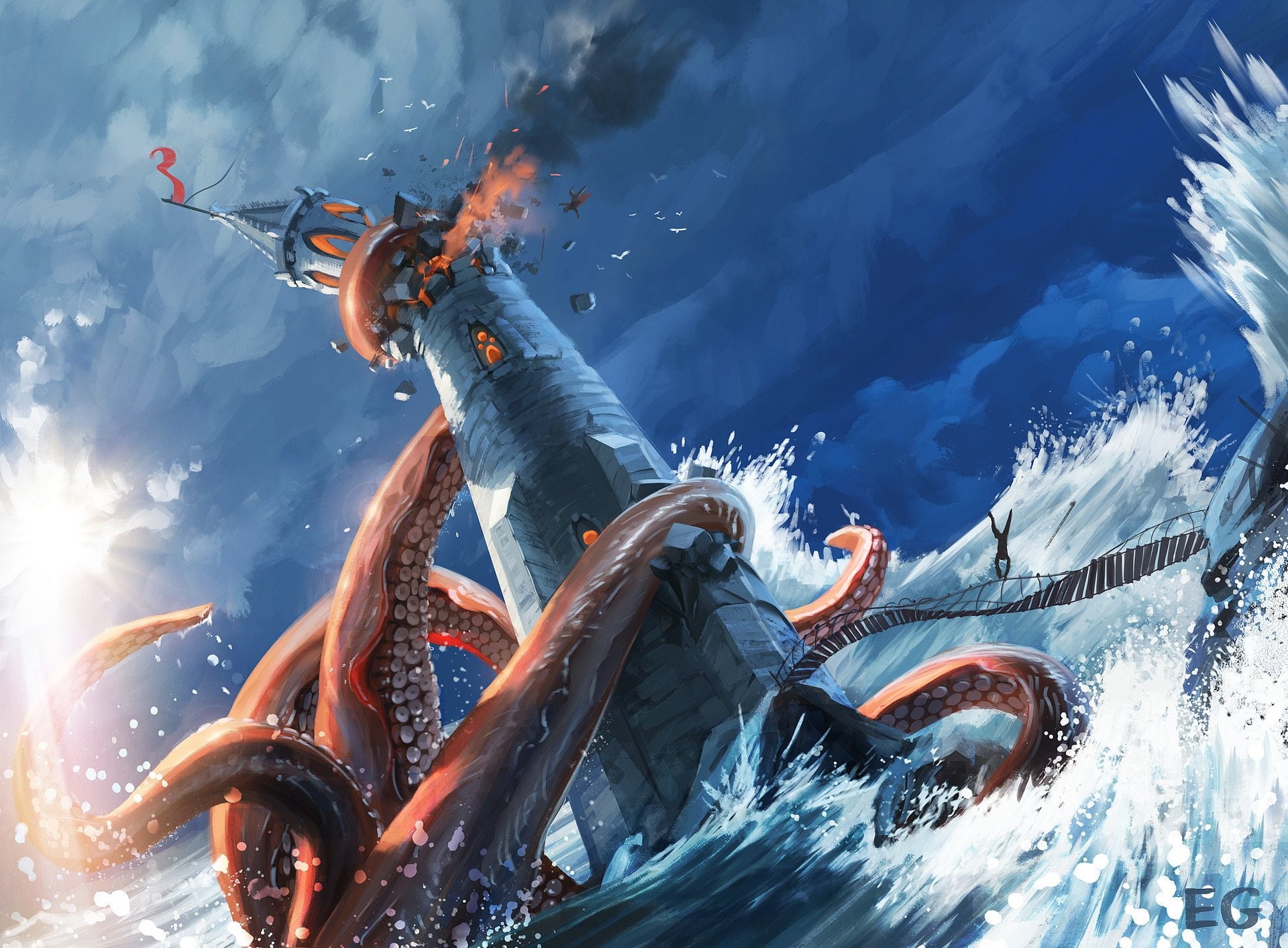 Fantasy, Lighthouse, water, sport, swimming, motion, real people, Sea Monster, low angle view, underwater, day, nature, swimming pool, Kraken, adult, outdoors, HD Wallpaper