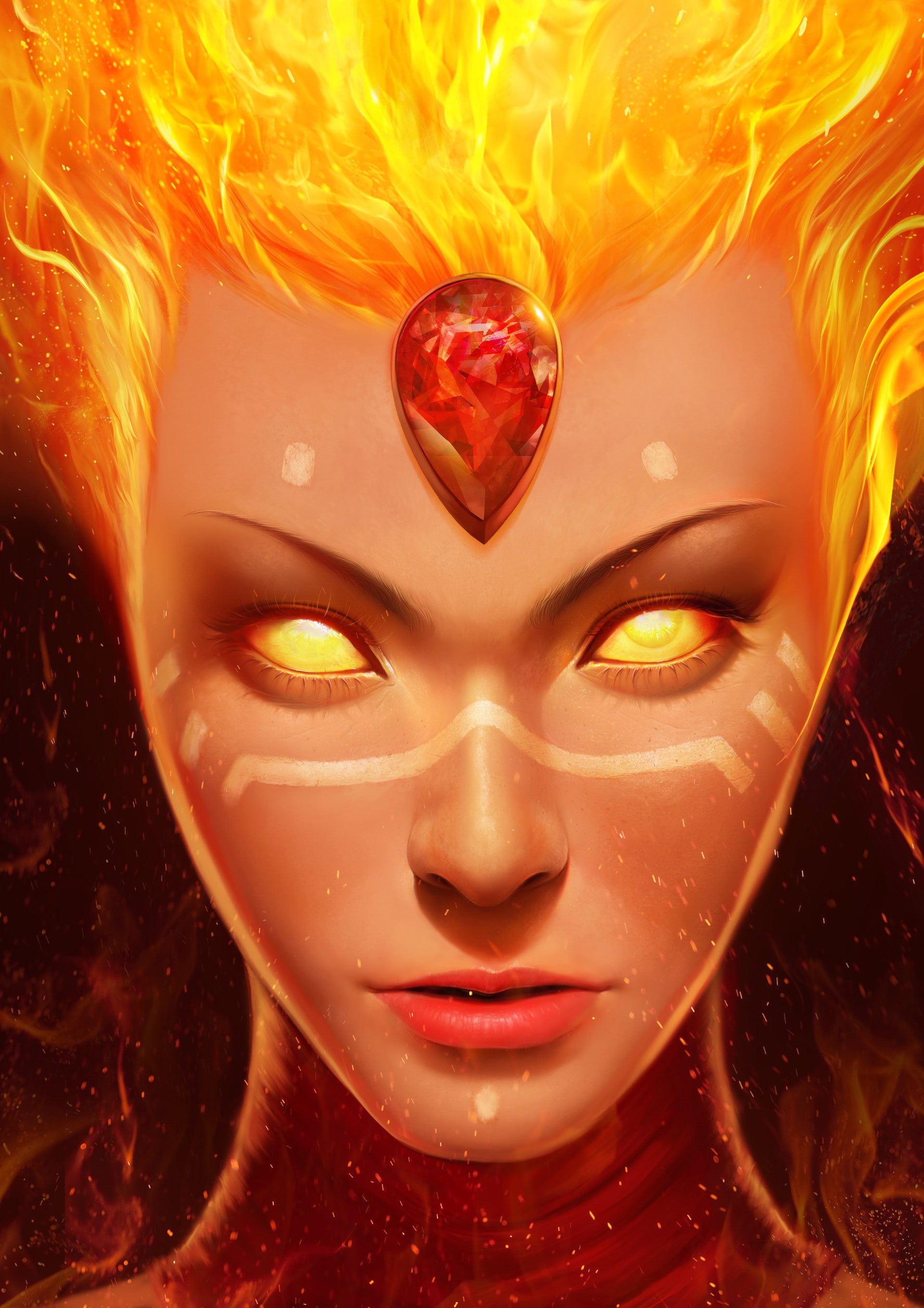 close-up, 2K, Lina (Dota 2), orange color, human body part, beautiful woman, portrait, body part, adult, multi colored, creativity, fantasy, make-up, human face, Phone HD Wallpaper
