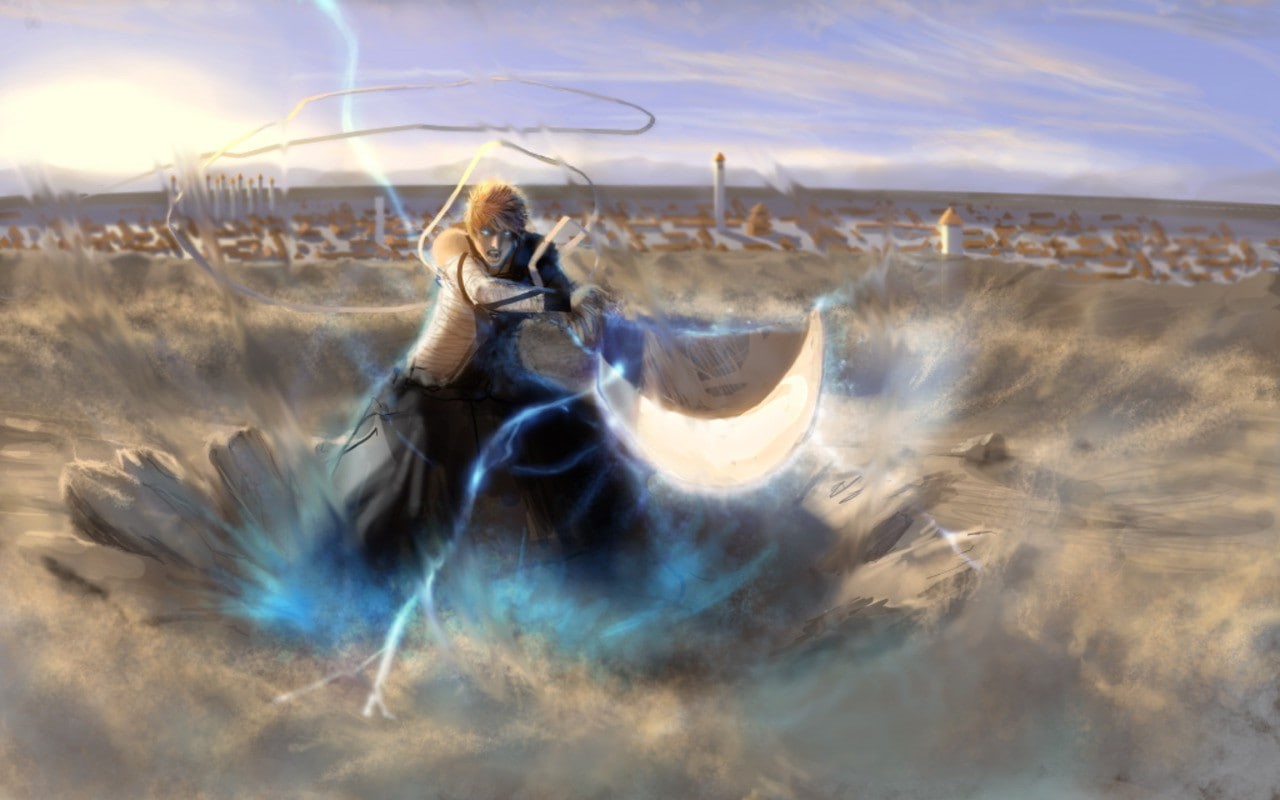 sand, Lightning, digital composite, land, group of animals, dreamlike, cloud - sky, beach, one person, motion, adult, Bleach, 720P, day, animals in the wild, HD Wallpaper