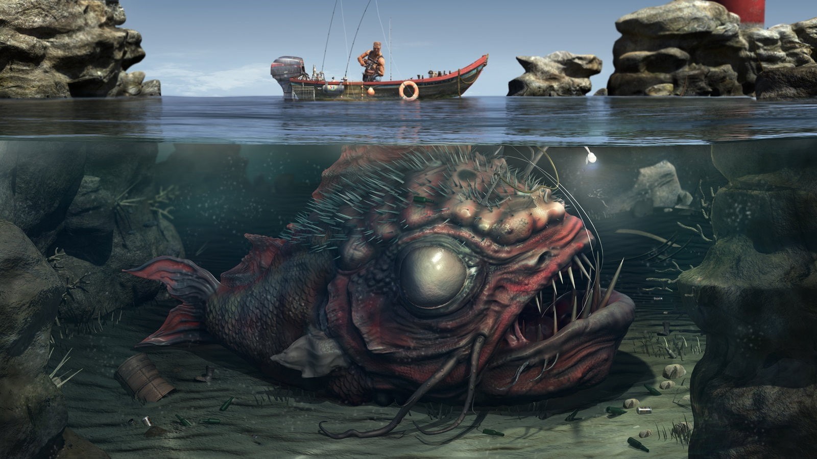 water, split view, creature, Anglerfish, digital art, underwater, 720P, boat, HD Wallpaper