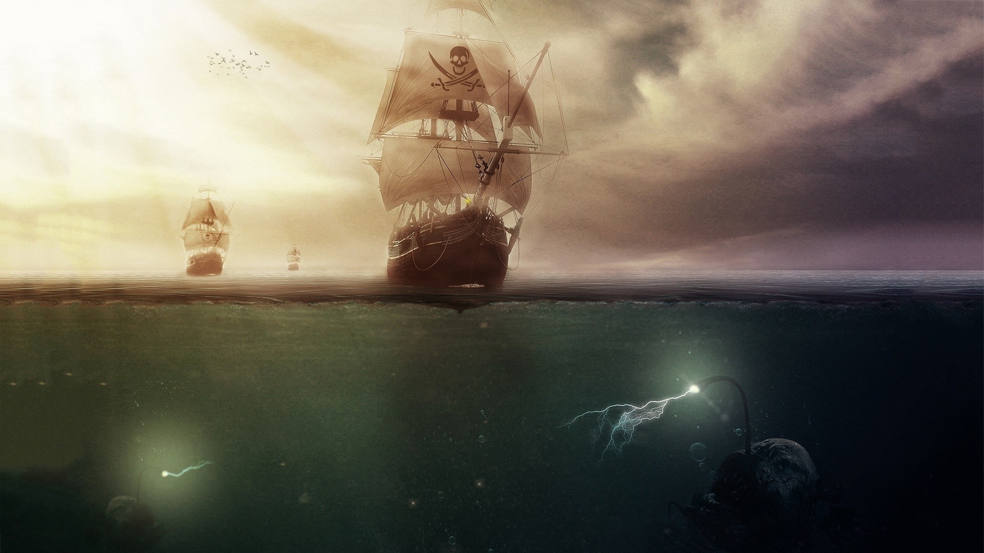 dreamlike, 1080P, beauty in nature, sky, adventure, cloud - sky, mystery, fantasy, people, outdoors, water, sun, dramatic sky, nature, sea, digital composite, HD Wallpaper