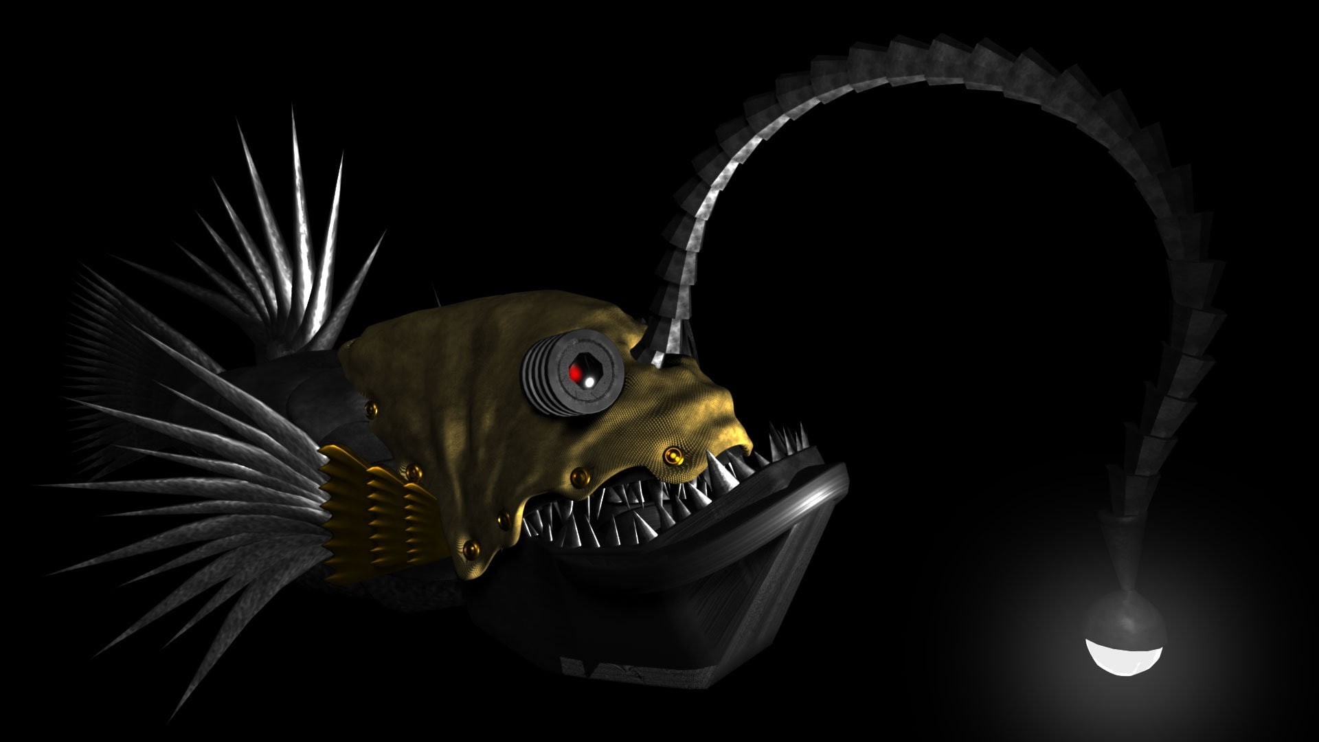 cgi, Lights, 1080P, digital art, fish, underwater, Steampunk, fangs, 3d, black background, Anglerfish, render, HD Wallpaper