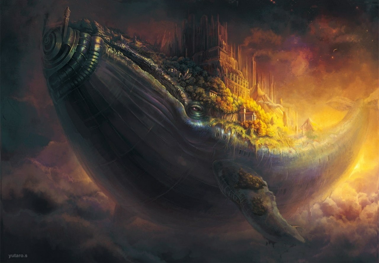 clouds, outdoors, ship, fantasy art, whale, artwork, cloud - sky, animal, 720P, no people, transportation, animal themes, motion, underwater, sky, passenger ship, HD Wallpaper
