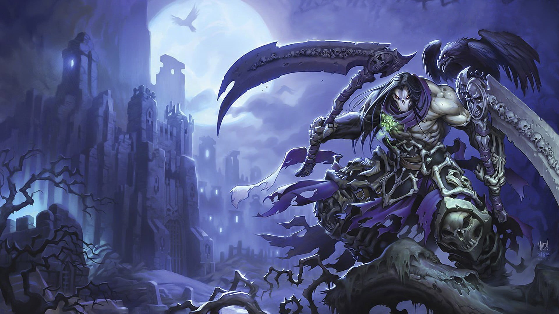 Darksiders, fan, water, statue, built structure, 1080P, nature, art and craft, human representation, plant, sculpture, holding, no people, outdoors, day, HD Wallpaper