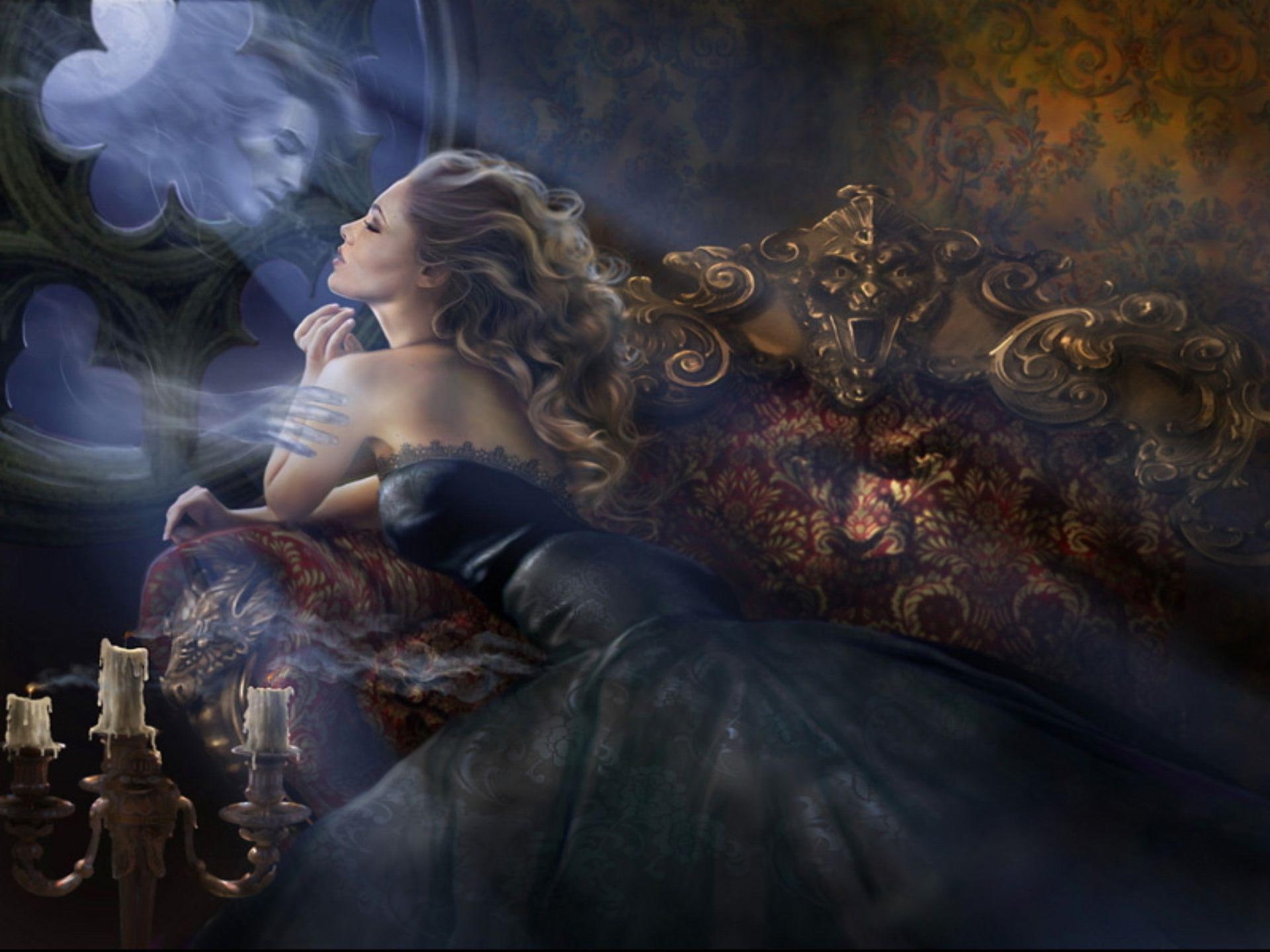 1080P, fantasy, dress, love, sad, mirror, blue, romance, blondes, dark, sorrow, art, pictures, women, ghost, s, HD Wallpaper