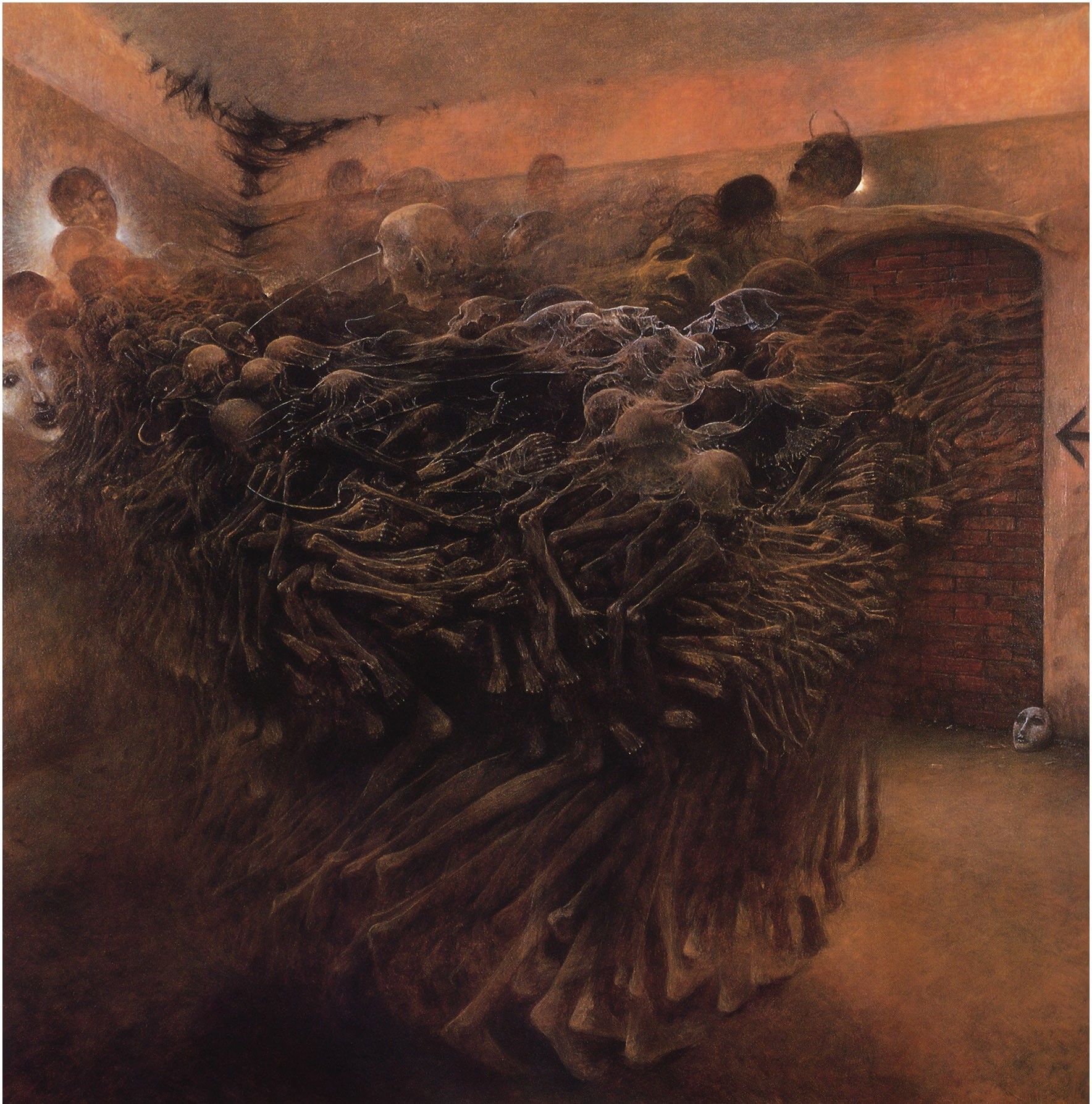 aw, artwork, face on ground, ground, ski, beksi, face, 720P, zdzisław beksiński, skeletons, zdzis, dark, Phone HD Wallpaper