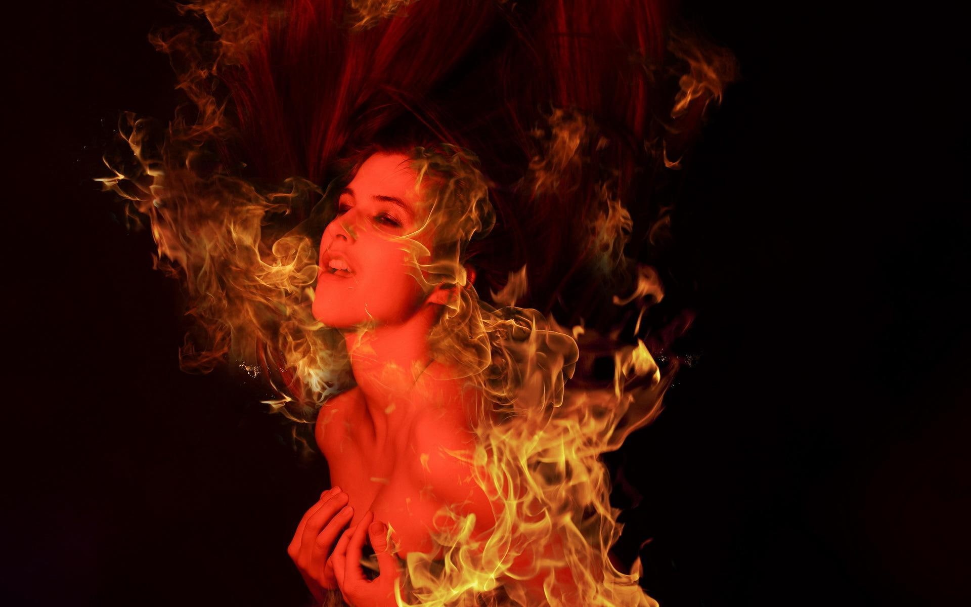 demon, hd, fire, 1080P, fantasy, dark, girl, widescreen, love, HD Wallpaper