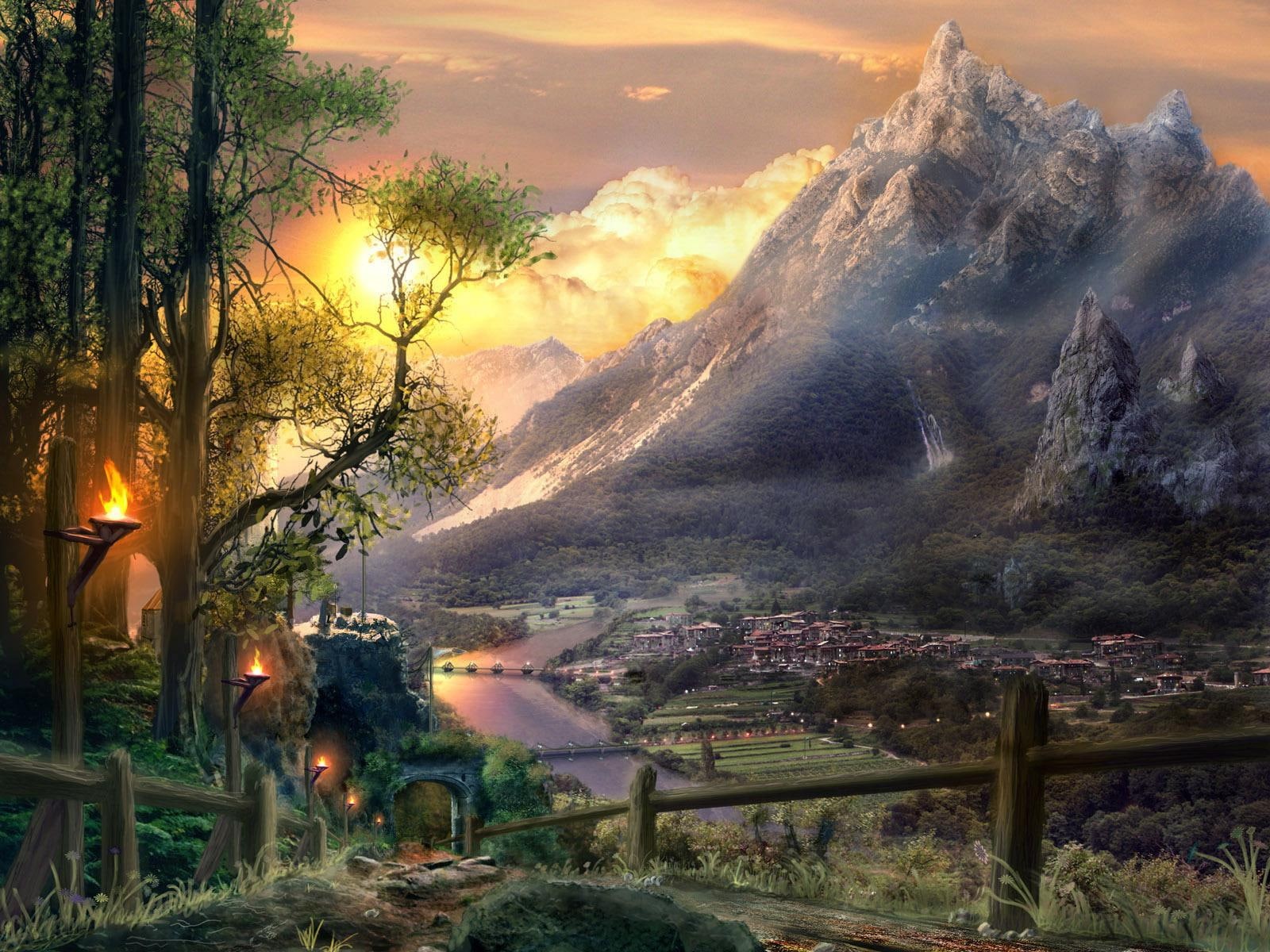 720P, pictures, river, fantasy, world, background, sunset, city, mountain, HD Wallpaper
