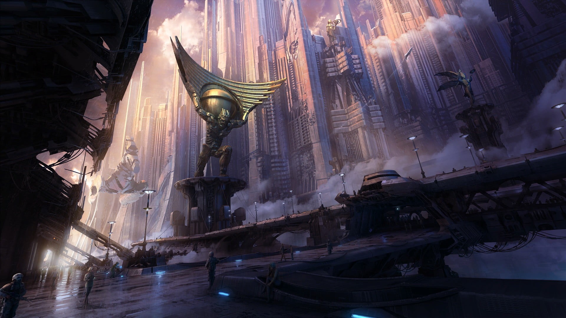 skyscraper, illuminated, dusk, black, travel destinations, lamp, Starpoint Gemini 2, built structure, fantastic planet, religion, science fiction, digital art, HD Wallpaper