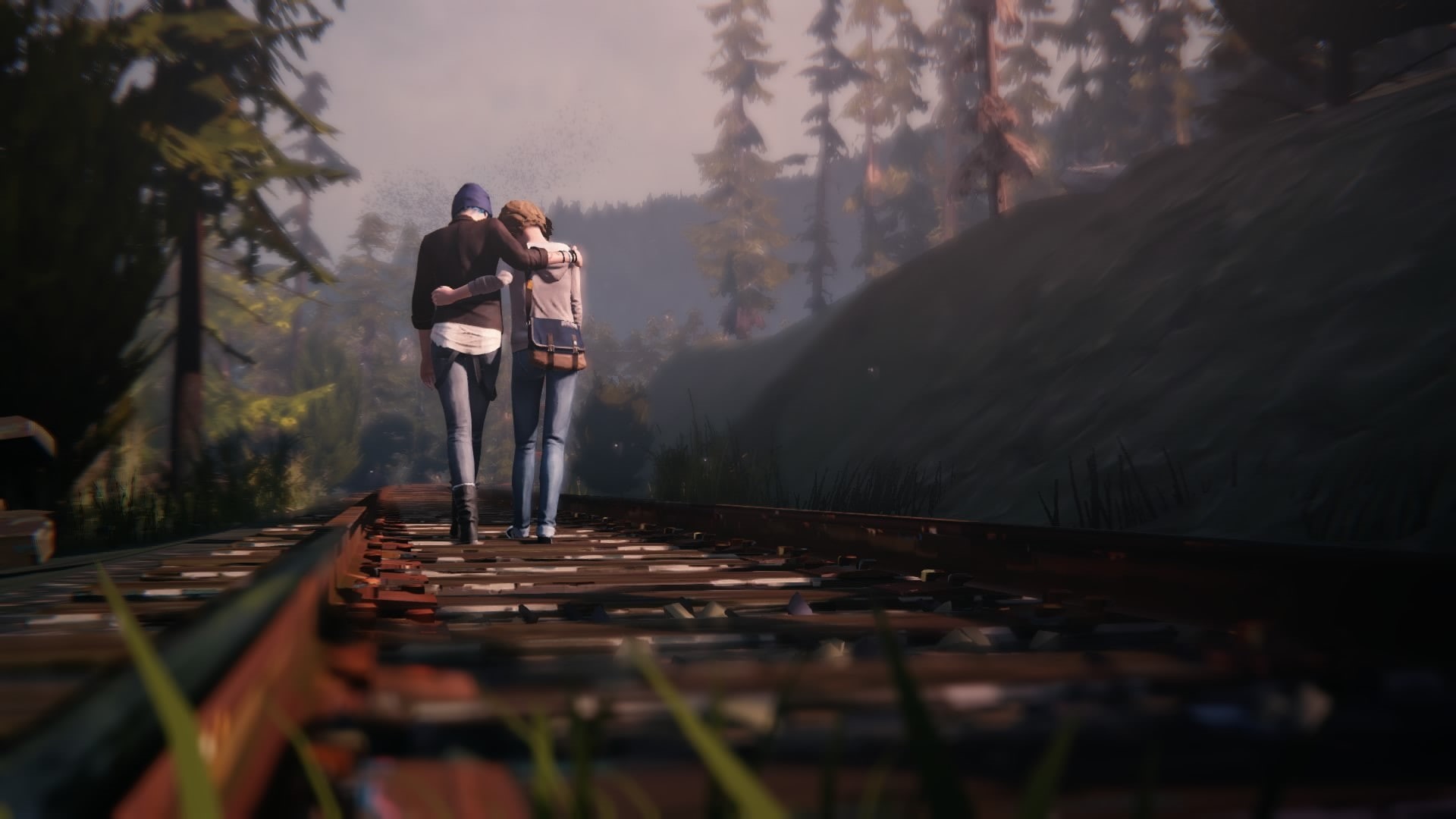 casual clothing, rail transportation, 1080P, Life Is Strange, transportation, outdoors, lifestyles, day, people, selective focus, plant, track, nature, HD Wallpaper