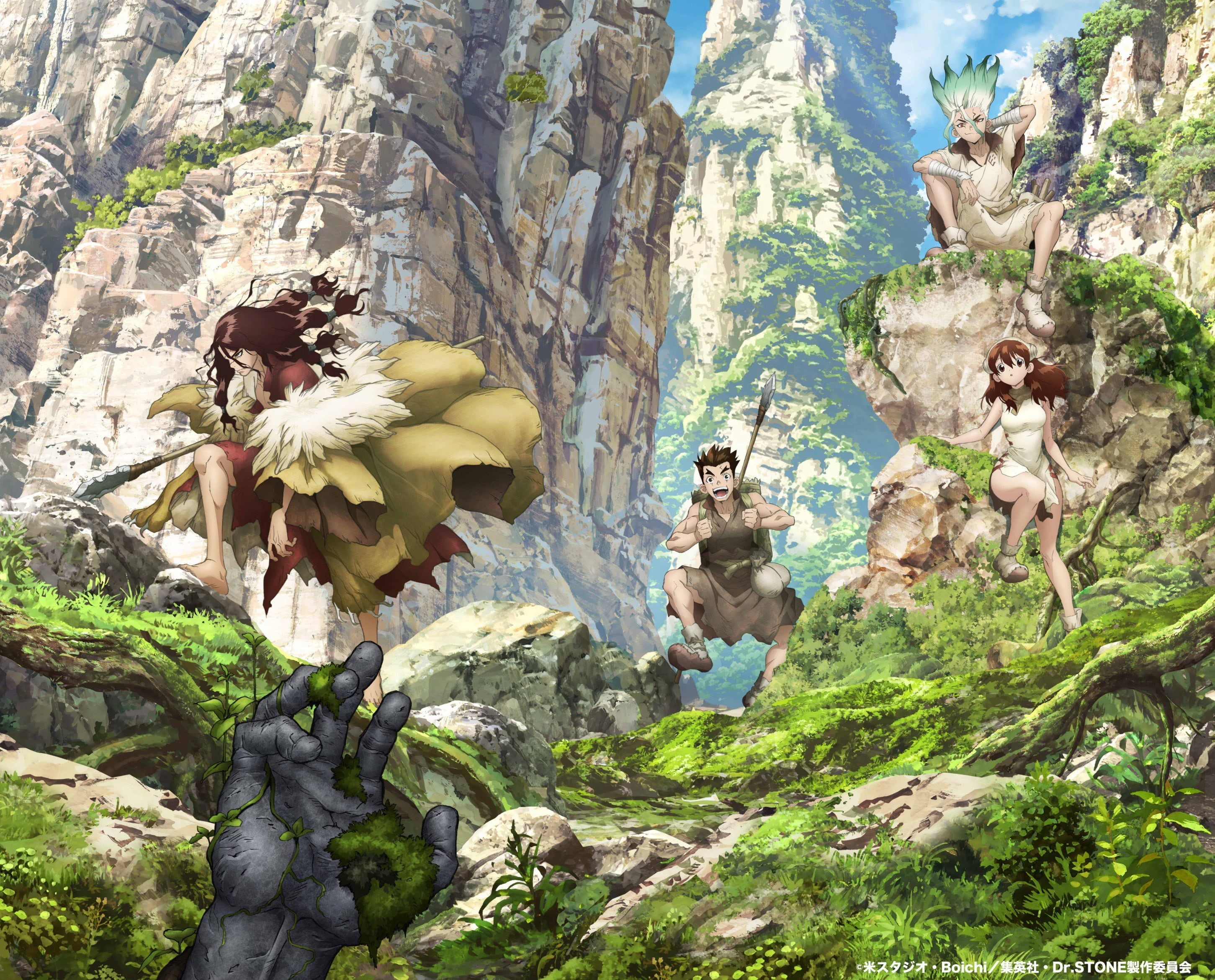 Dr. Stone, Anime, Tsukasa Shishio, Senku Ishigami, Yuzuriha Ogawa, Taiju Oki, 2K, HD Wallpaper