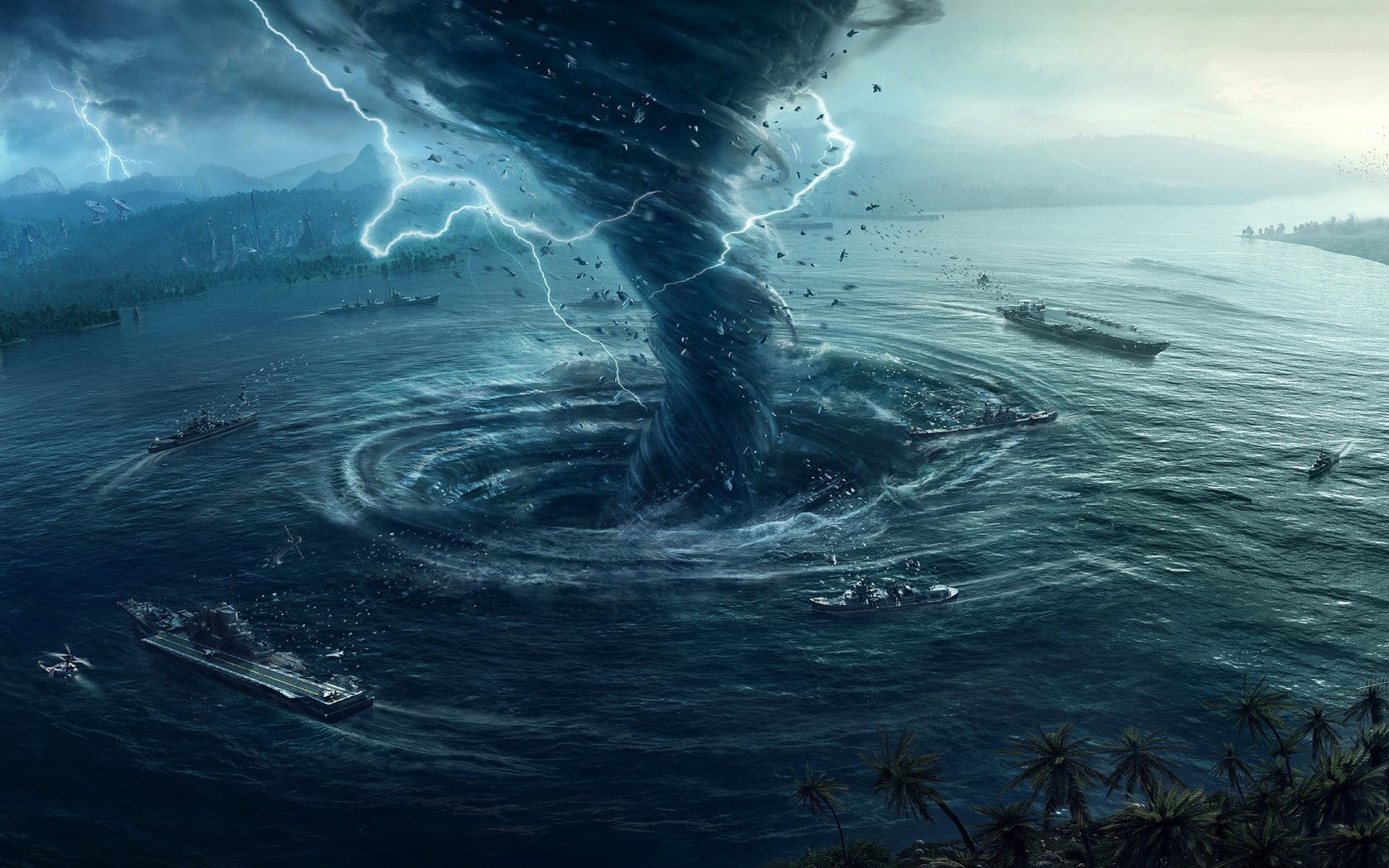 power, rippled, lightning, Natural Disaster, mountains, sky, aircraft carrier, motion, tornado, birds eye view, storm, water, day, vortex, ship, sea, environment, HD Wallpaper