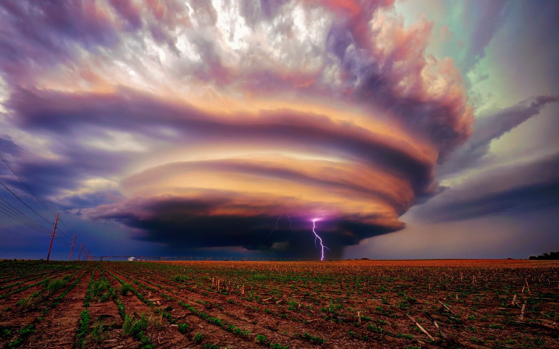 dramatic sky, extreme weather, lightning, power, environment, nature, field, power in nature, no people, sunset, thunderstorm, beauty in nature, 1080P, HD Wallpaper
