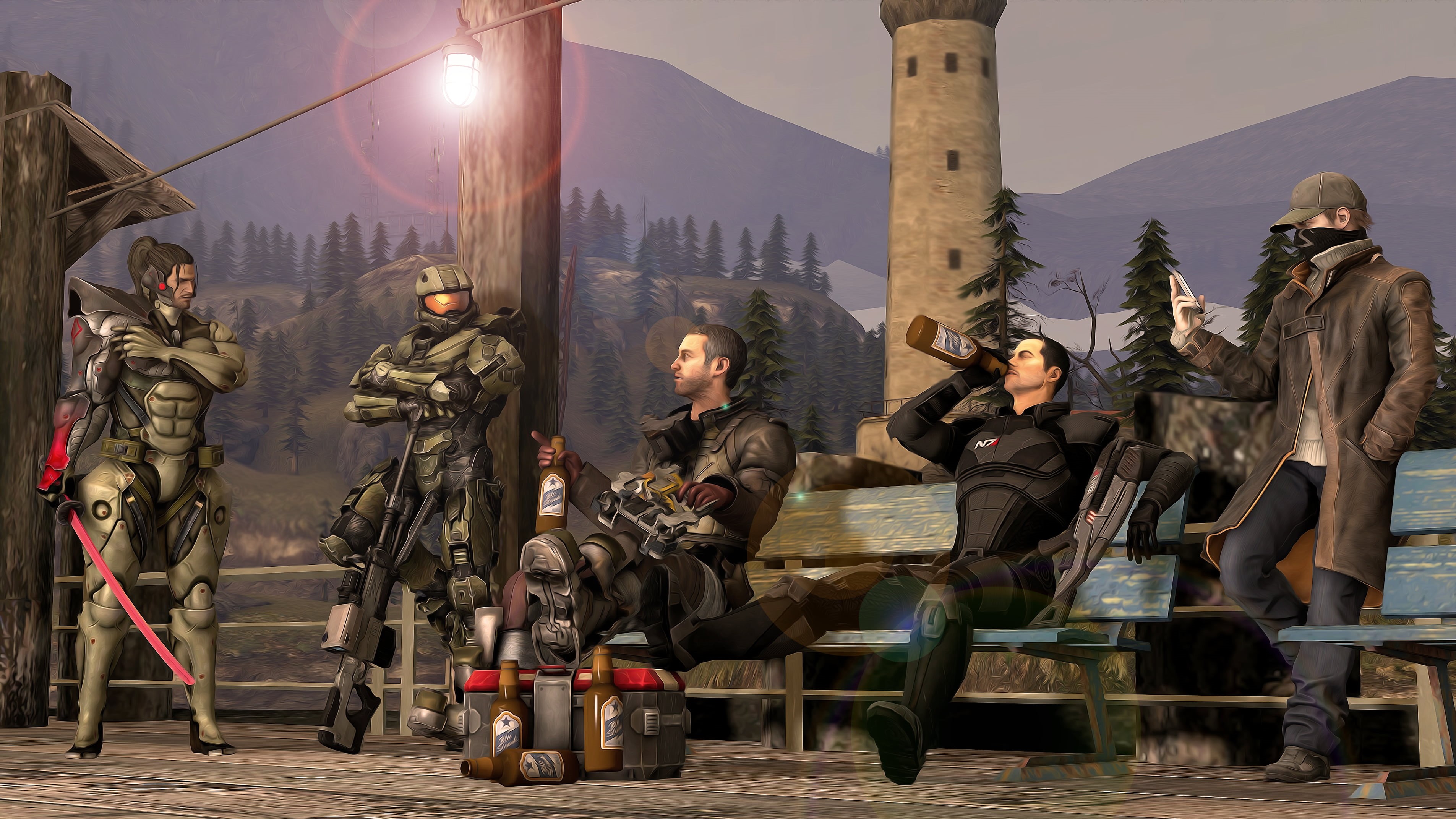 sitting, nature, real people, bench, weapon, game, representation, lifestyles, women, sunlight, men, 2K, art and craft, Watch_Dogs, full length, Metal Gear Rising: Revengeance, HD Wallpaper