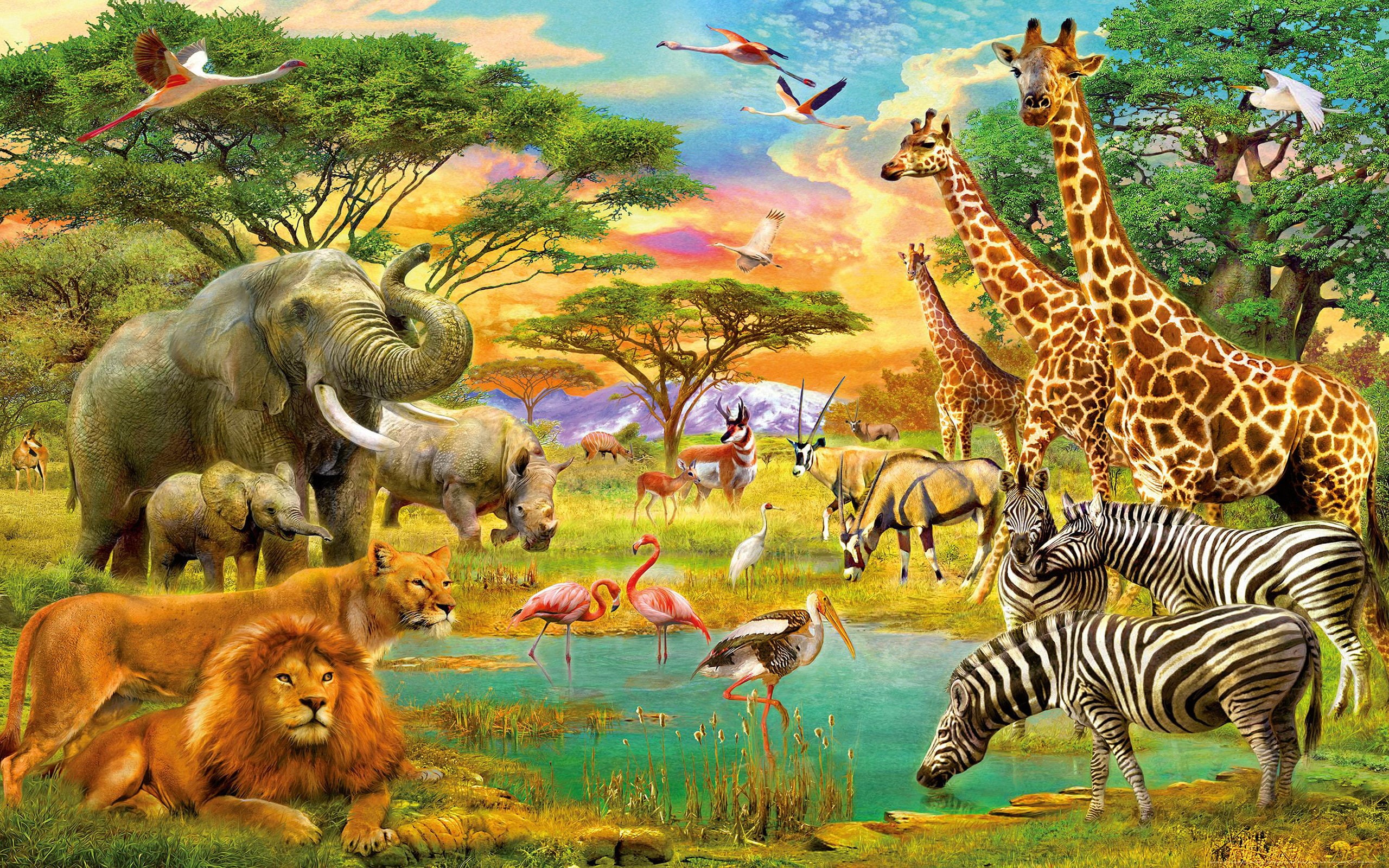 lion, zebra, animals, 2K, african, hd, jungle, art, elephants, giraffe, flamingo, HD Wallpaper