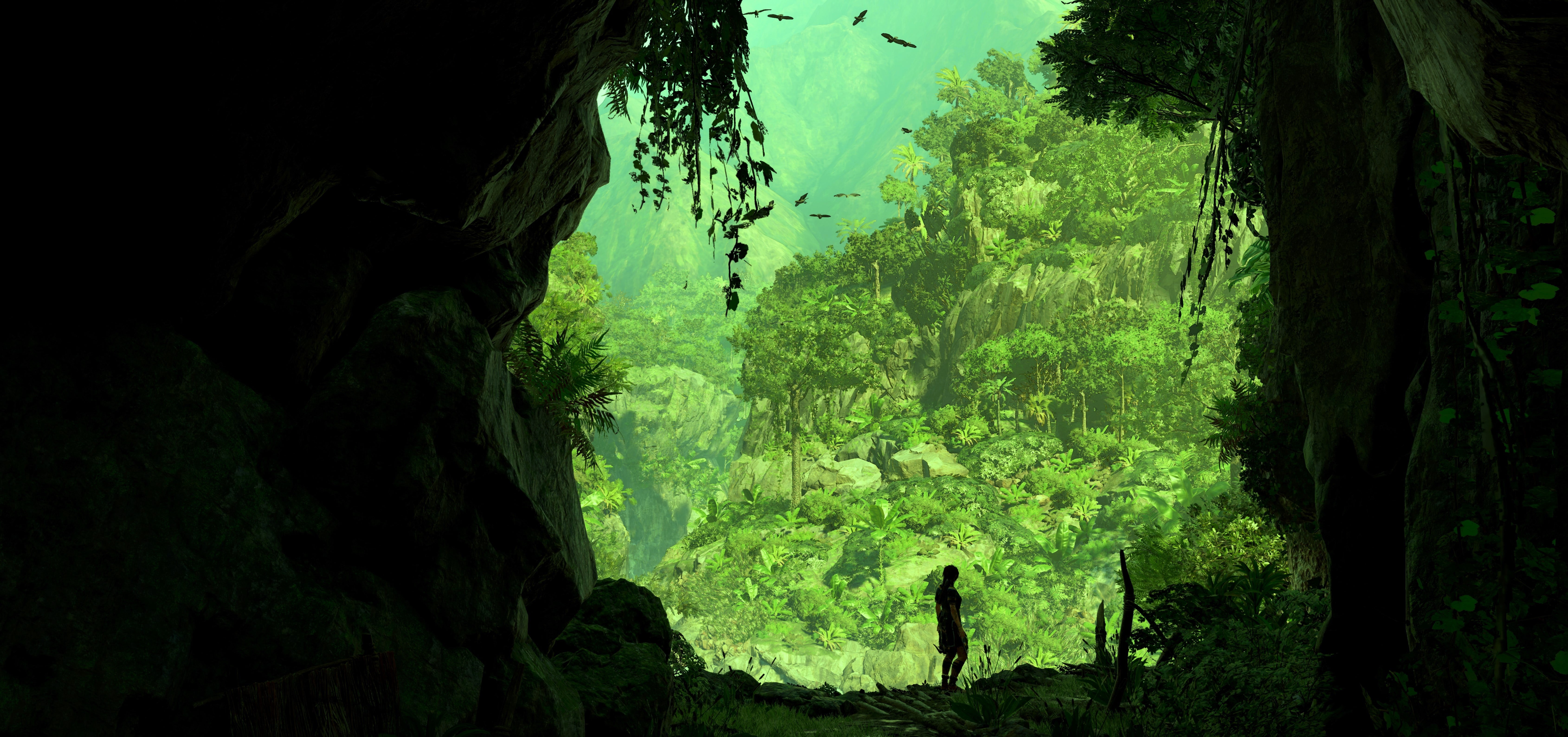 trunk, green color, beauty in nature, tranquility, scenics - nature, video games, jungle, leisure activity, plant, landscape, tree trunk, cave, screen shot, HD Wallpaper