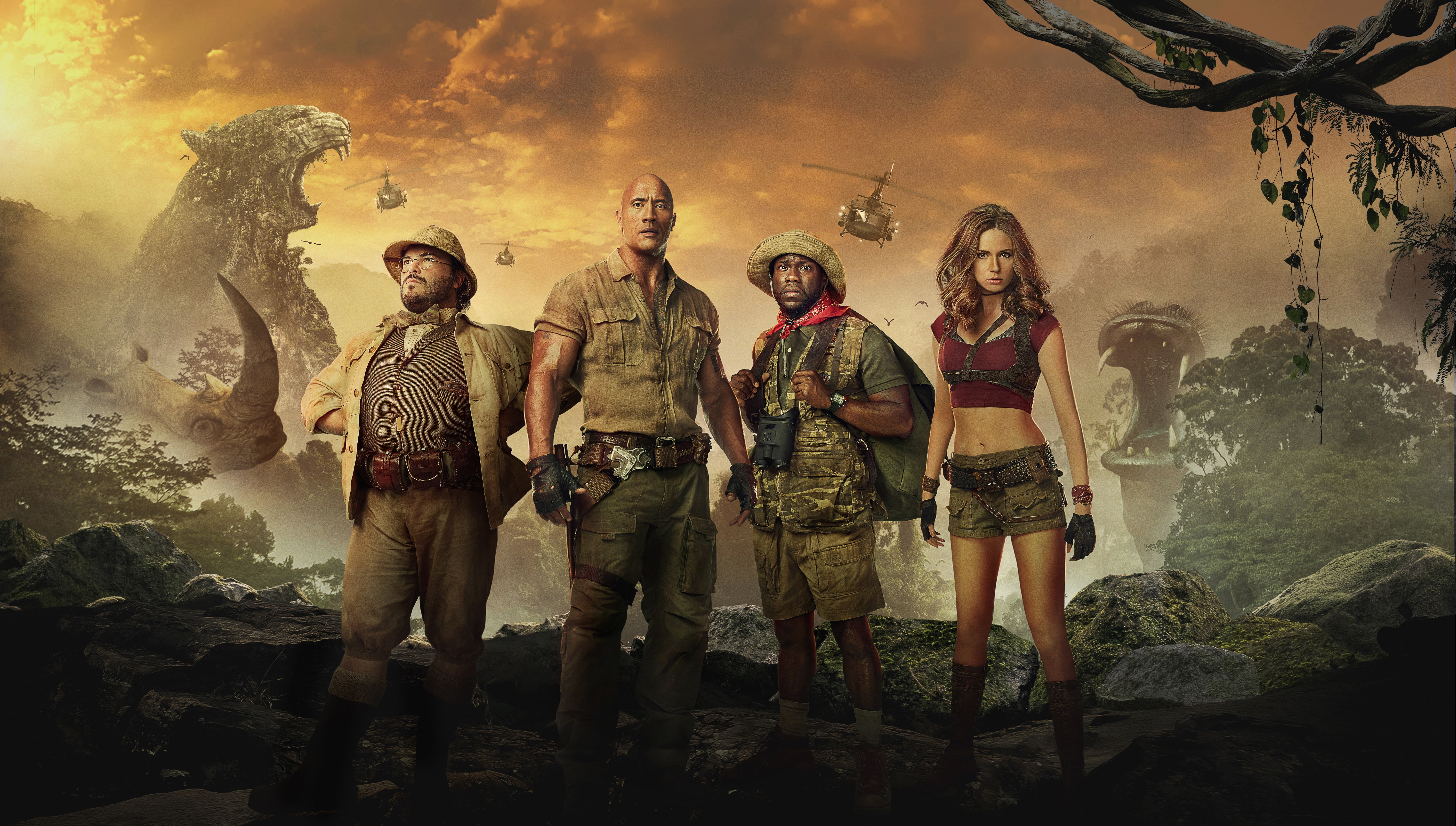 smoke - physical structure, group of people, Jack Black, Kevin Hart, standing, mid adult men, females, 5K, 5K, Karen Gillan, adult, clothing, Jumanji: Welcome to the Jungle, HD Wallpaper