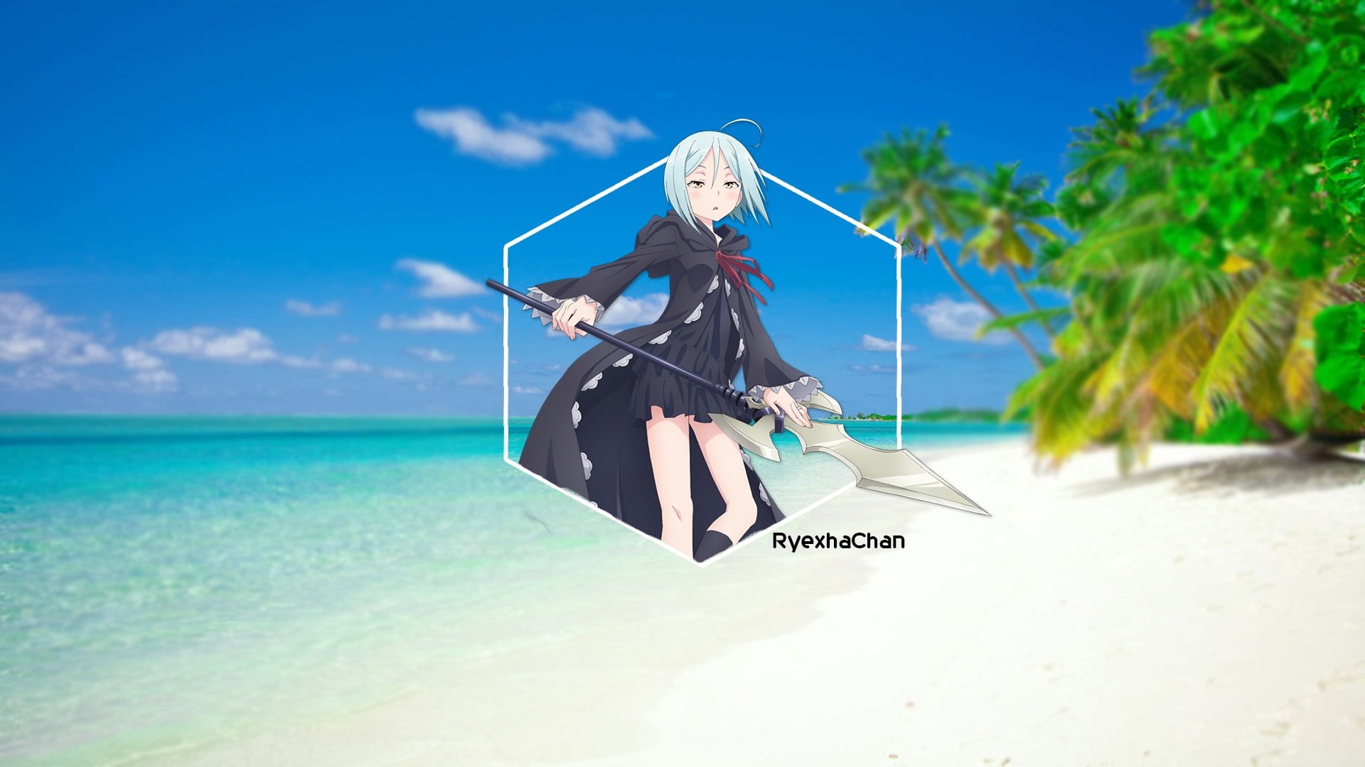vacations, tree, trip, outdoors, sky, blue, holiday, day, beach, anime girls, sunlight, tropical climate, Trinity Seven, sea, clothing, Kannazuki Arin, HD Wallpaper