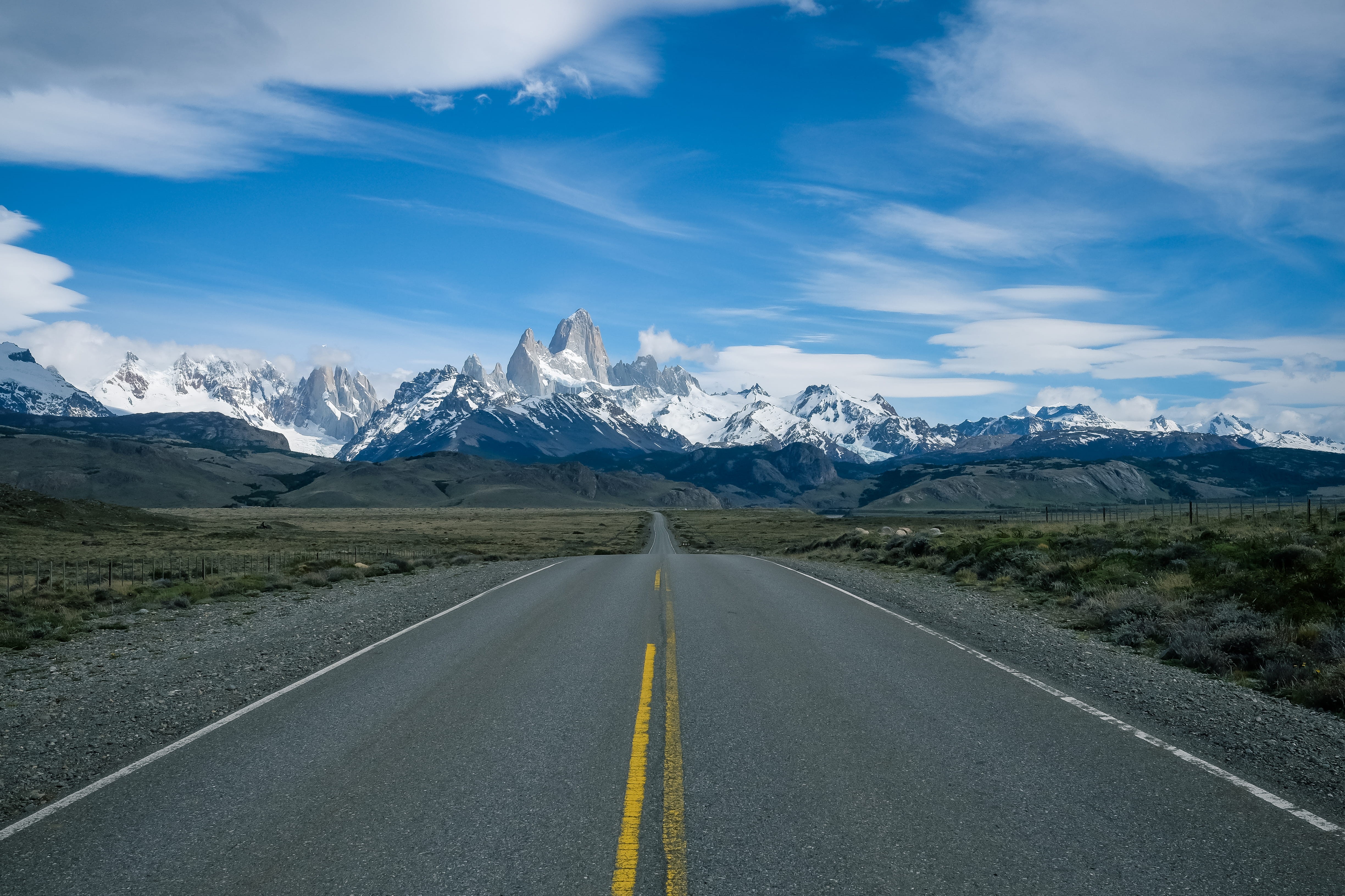 southamerica, transportation, el chalten, mountain range, scenery, mountain, fitzroy, outdoors, argentina, trip, direction, patagonia, road marking, sky, HD Wallpaper