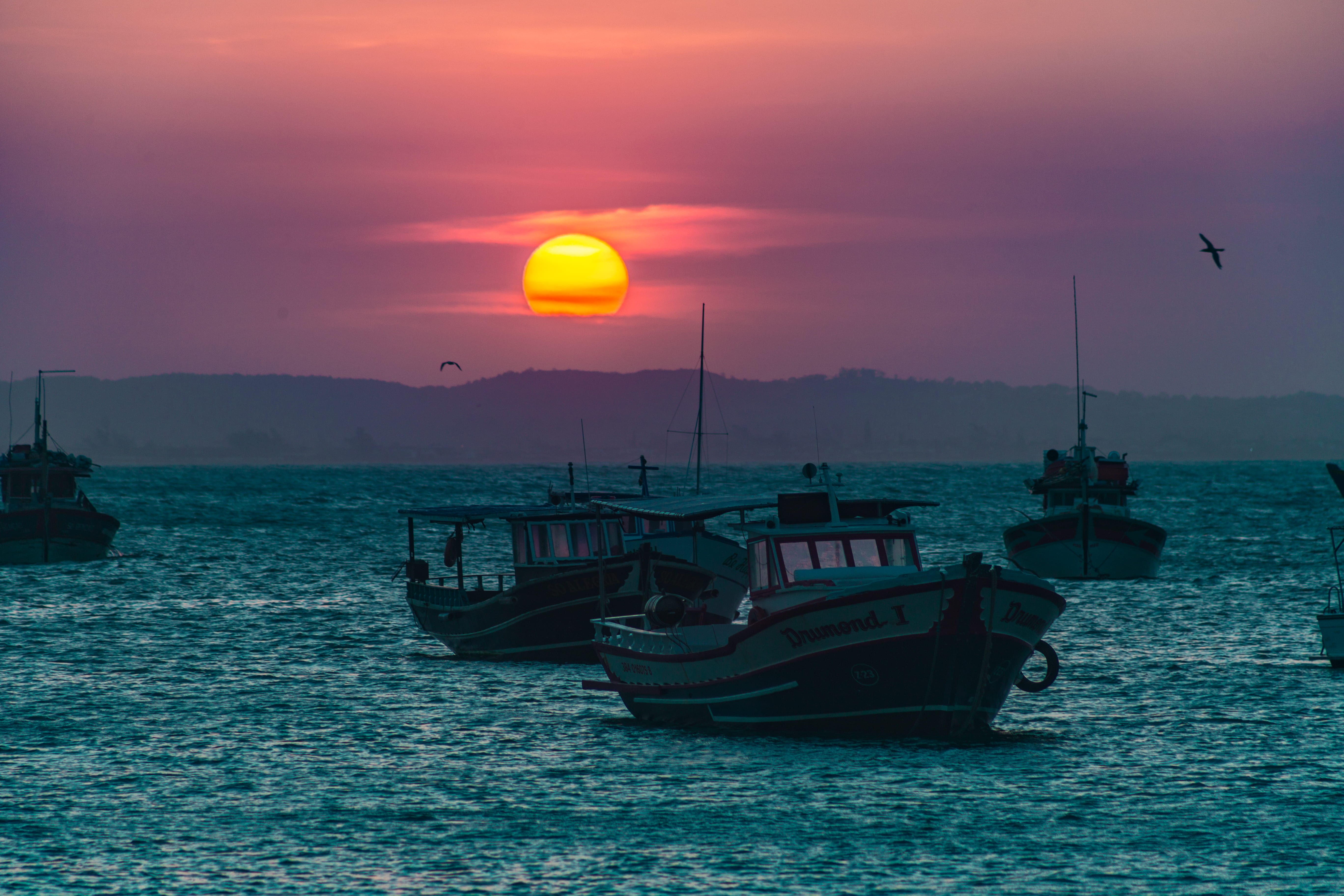 hour, night, mode of transportation, orange color, sunrise, sky, outdoors, photography, brasil, nautical vessel, boat, mountain, sailboat, silhouette, tranquility, HD Wallpaper
