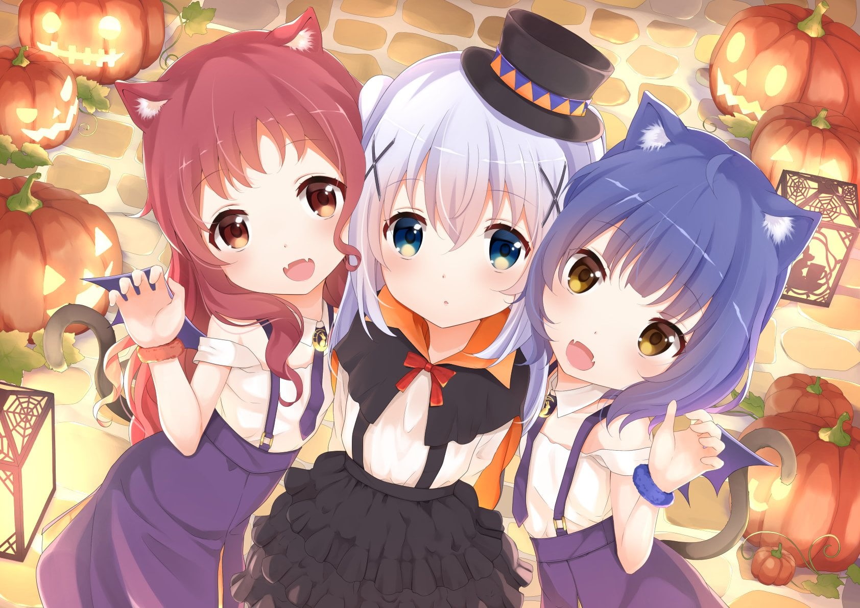 Gochuumon wa Usagi Desu ka?, representation, no people, Jack O Lantern, 720P, mask, loli, Halloween, variation, fan art, choice, disguise, large group of objects, HD Wallpaper
