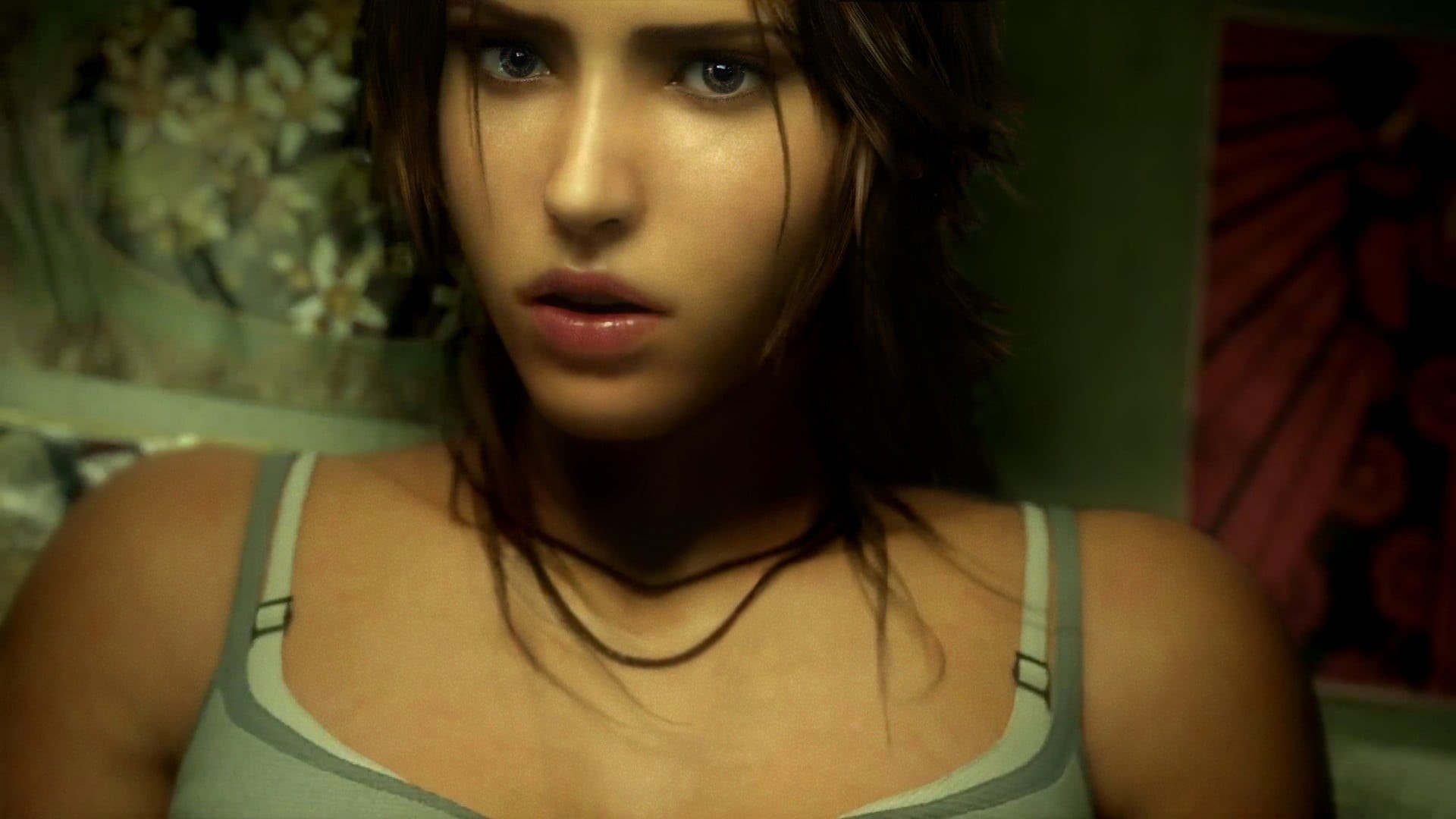 front view, young adult, contemplation, one person, Tomb Raider, 1080P, beautiful people, emotion, hair, long hair, looking at camera, portrait, hairstyle, HD Wallpaper