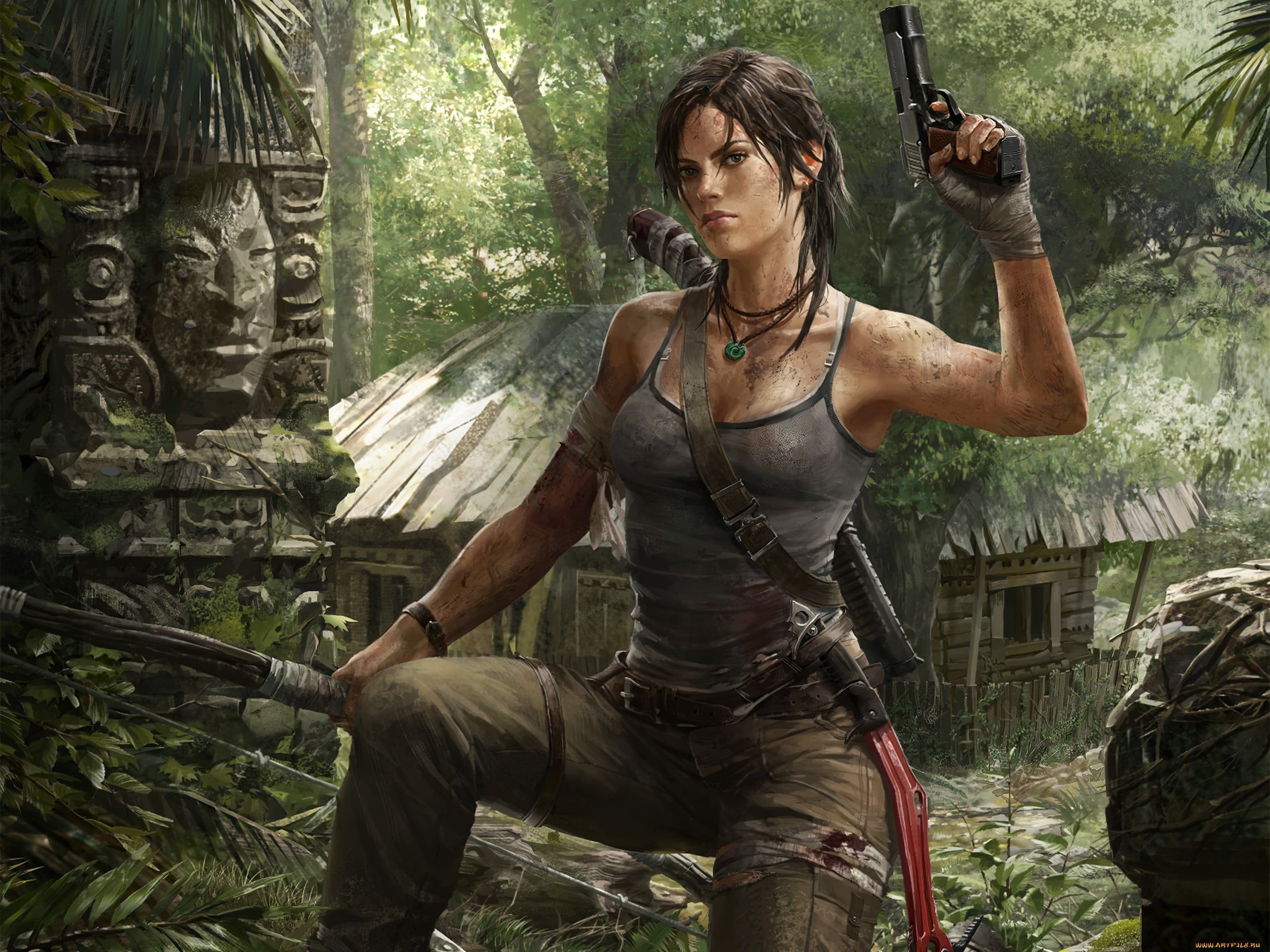 mid adult women, video games, the past, croft, plant, 2K, mid adult, hairstyle, Lara Croft, real people, forest, day, nature, adult, gun, three quarter length, HD Wallpaper