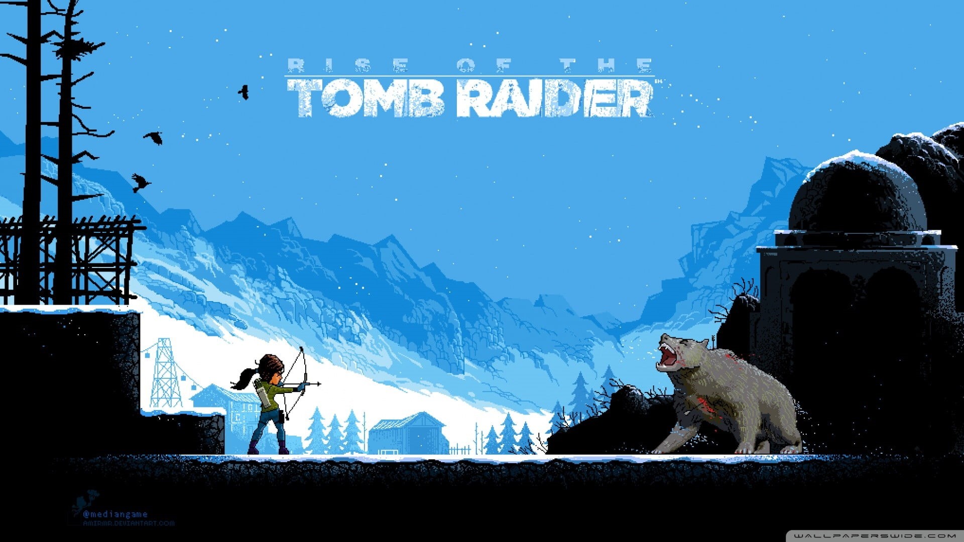 people, 1080P, snowcapped mountain, nature, building exterior, Rise of the Tomb Raider, day, real people, pixel art, communication, video games, mountain, HD Wallpaper