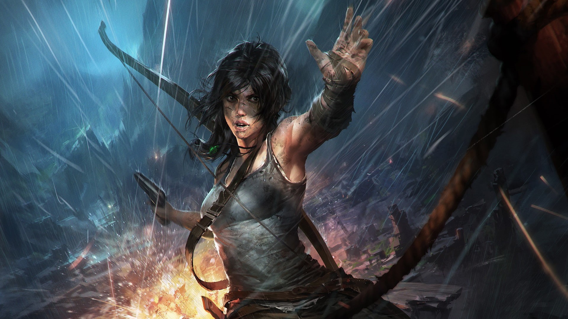 lara, croft, bow, rain, 1080P, tomb, explosion, hd, video games, raider, HD Wallpaper