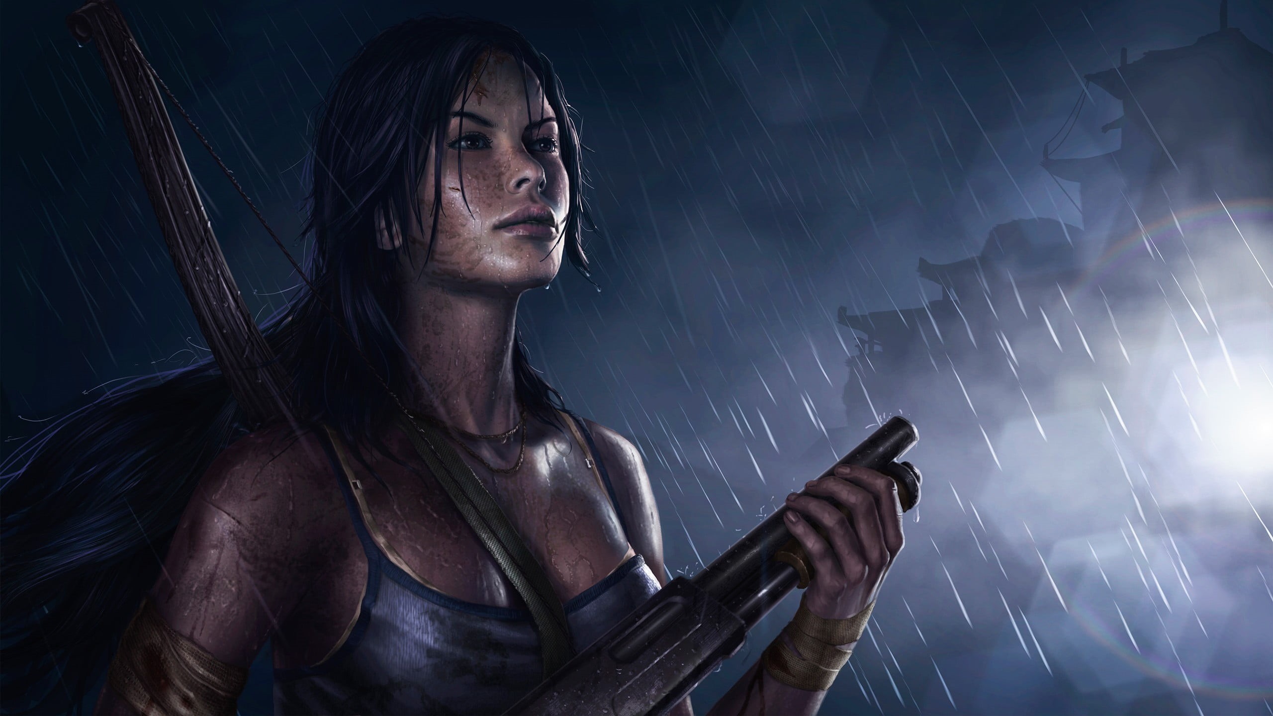 woman, illuminated, Tomb Raider, shotgun, communication, casual clothing, portrait, sky, young women, wireless technology, holding, waist up, HD Wallpaper