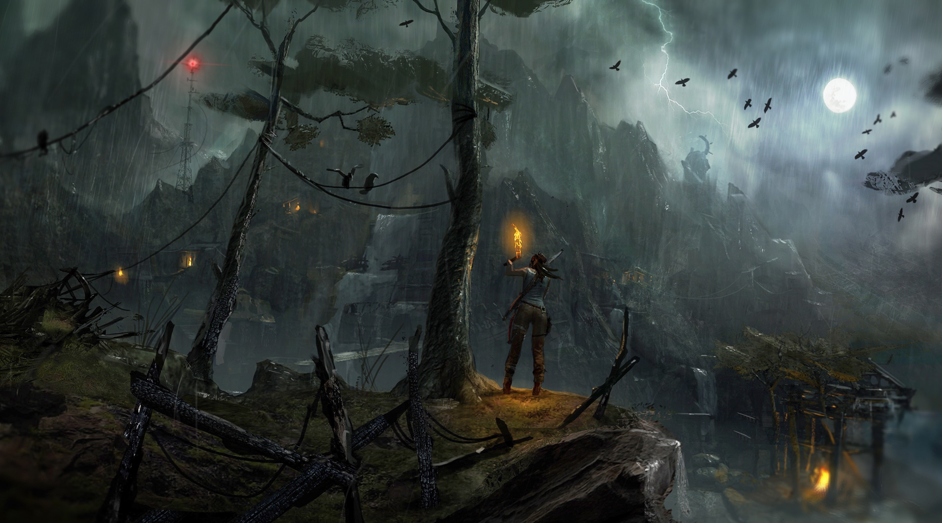 vertebrate, lara croft, video game, dark, digital, plant, brown, tomb, concept, dusk, exploration, night, sky, moon, gaming, pants, art, fire - natural phenomenon, HD Wallpaper