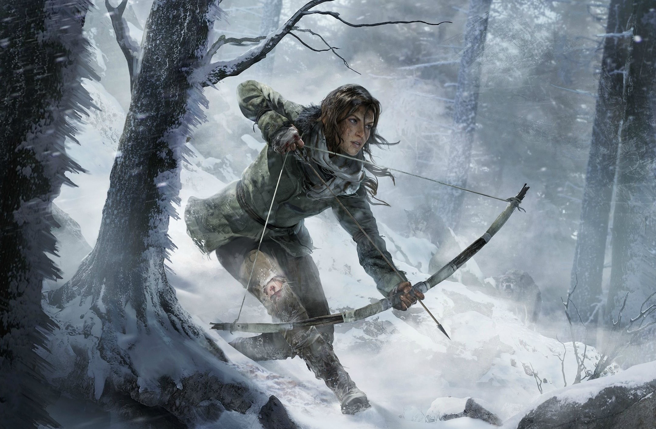 tomb, outdoors, warm clothing, raider, Artwork, frozen, Arrow, forest, clothing, tree, land, 2015, white color, ice, lara croft, Games, nature, video game, HD Wallpaper