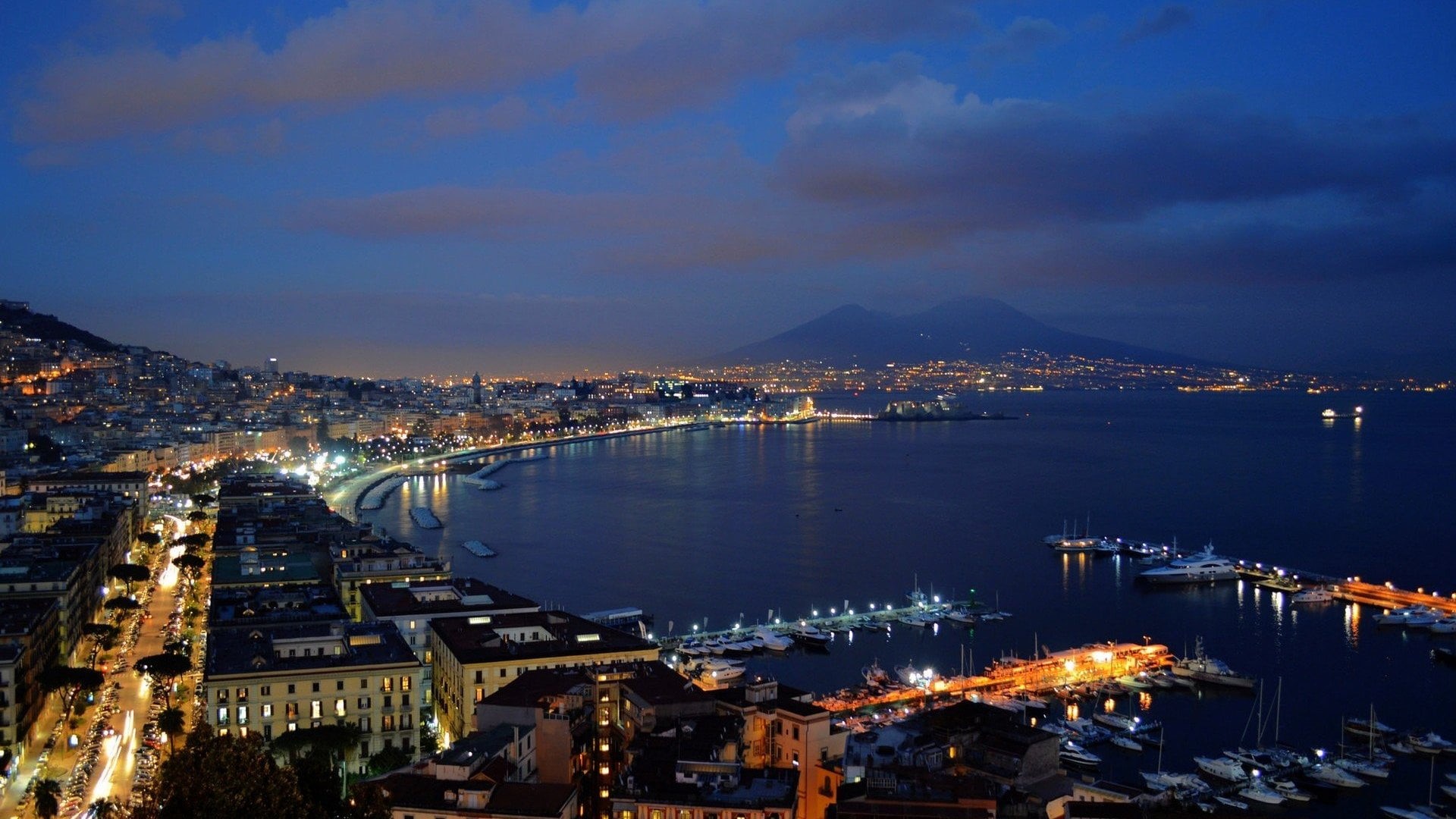 lights, Naples, Italy, bay, 1080P, night, Campania, sky, HD Wallpaper
