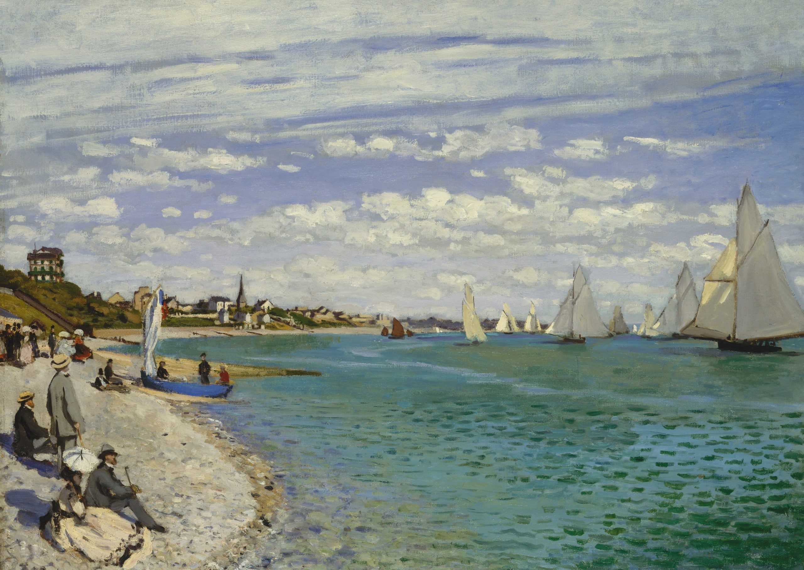 sail, yacht, 2K, boat, seascape, picture, Claude Monet, Regatta at Sainte-Adresse, HD Wallpaper
