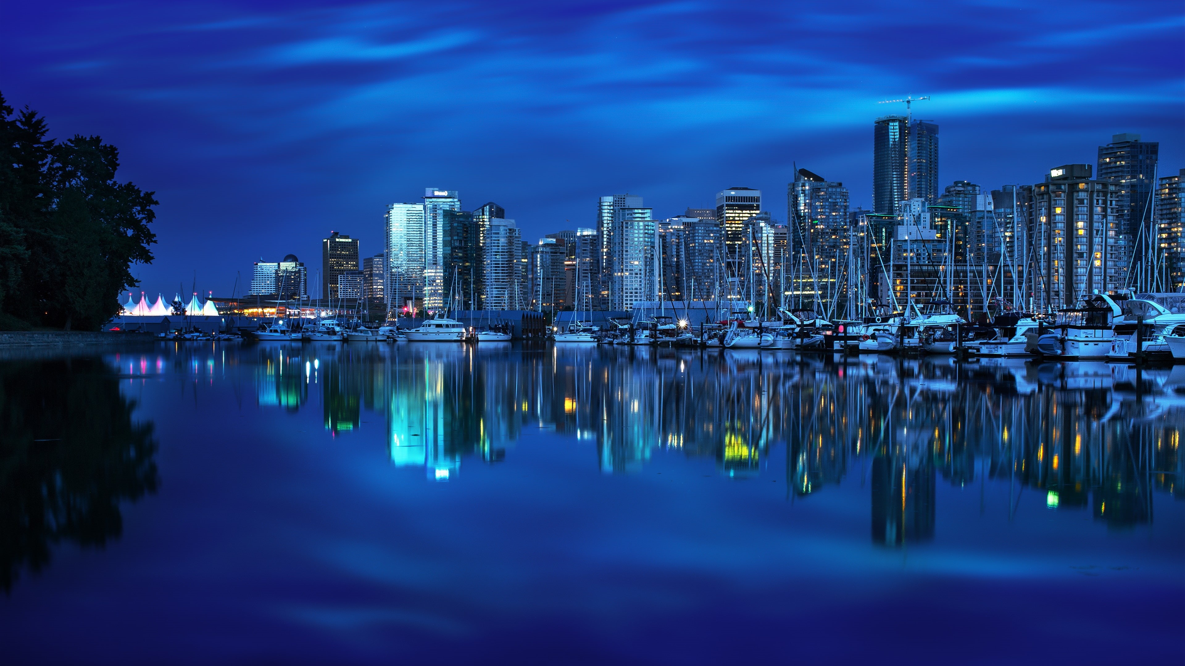 Canada, British, City, Reflection, Yacht, Bay, Night, 4K, Columbia, Vancouver, Buildings, HD Wallpaper