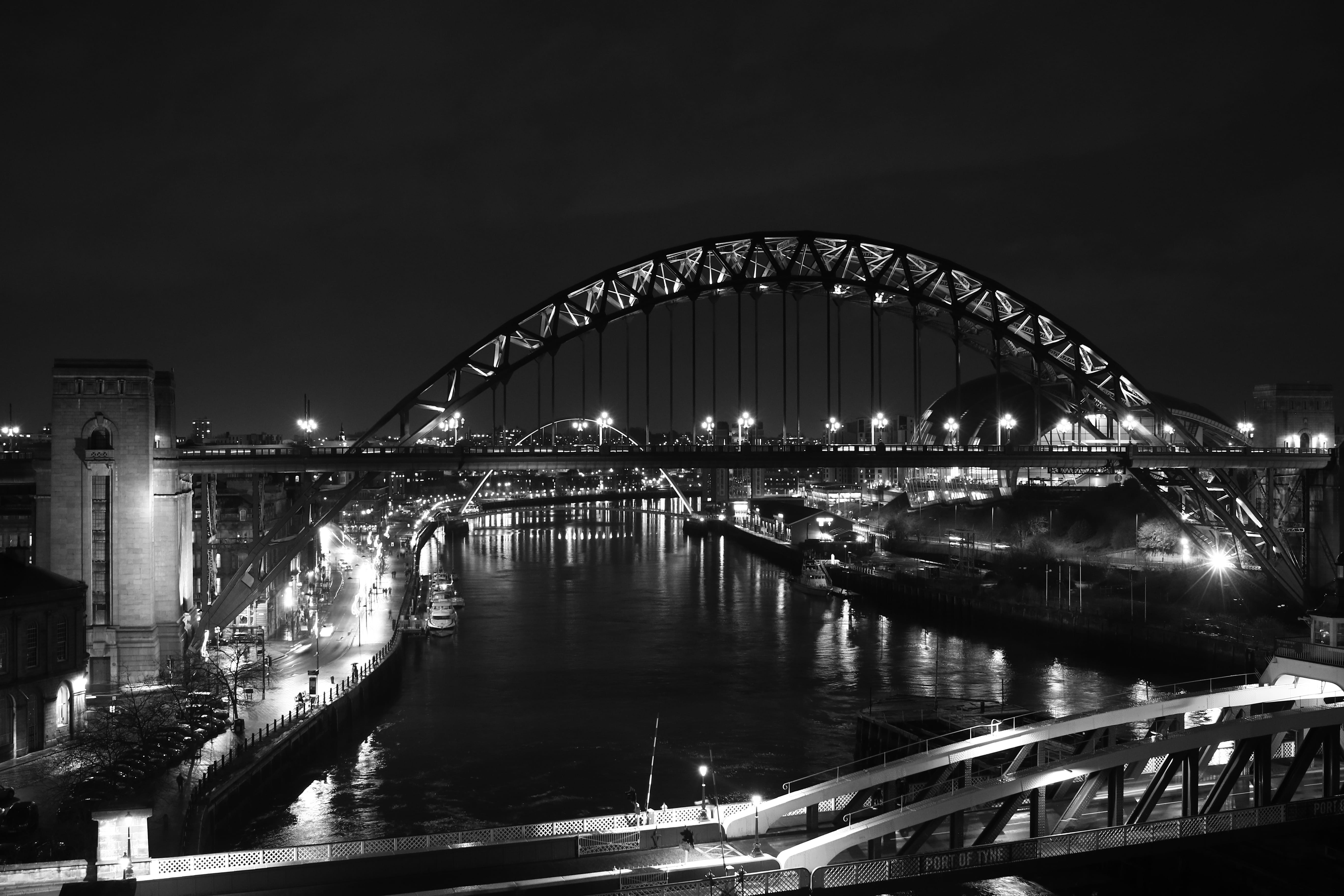 no people, outdoors, sky, night, illuminated, reflection, united kingdom, newcastle upon tyne, water, city, bridge, 5K, connection, building exterior, HD Wallpaper