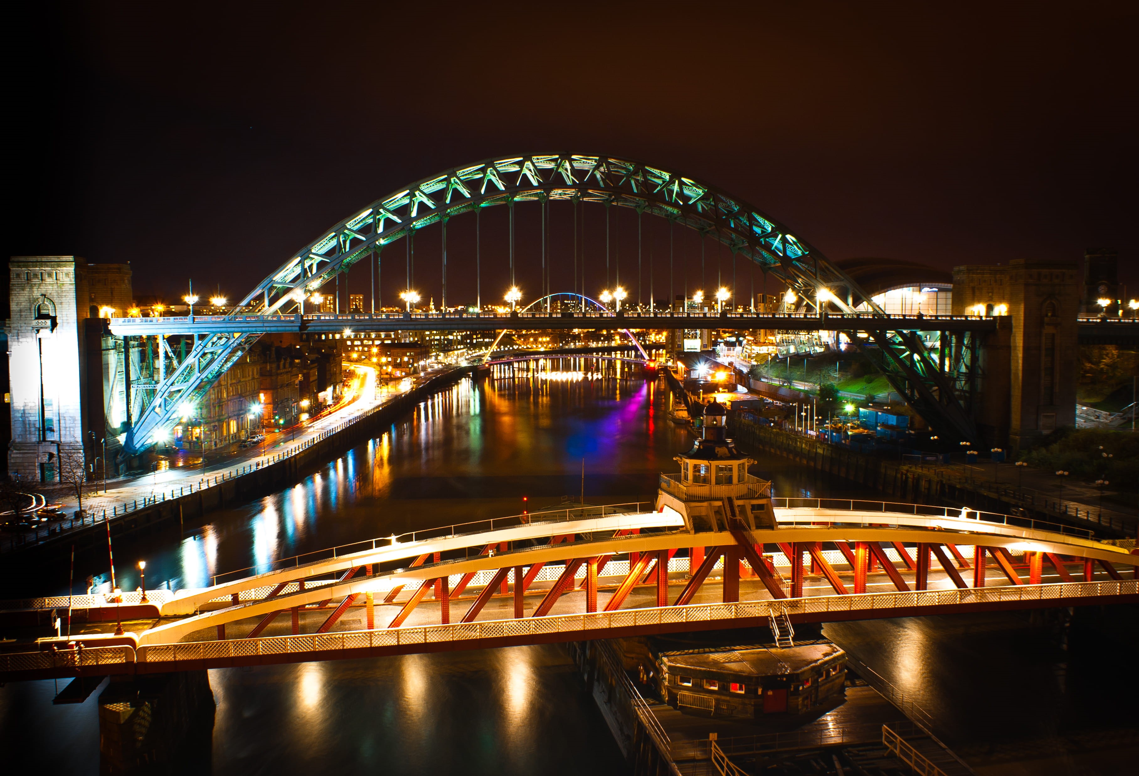 no people, building exterior, travel destinations, illuminated, lights, bridge, arch bridge, 2K, city, river, road, built structure, reflection, Newcastle upon tyne, HD Wallpaper