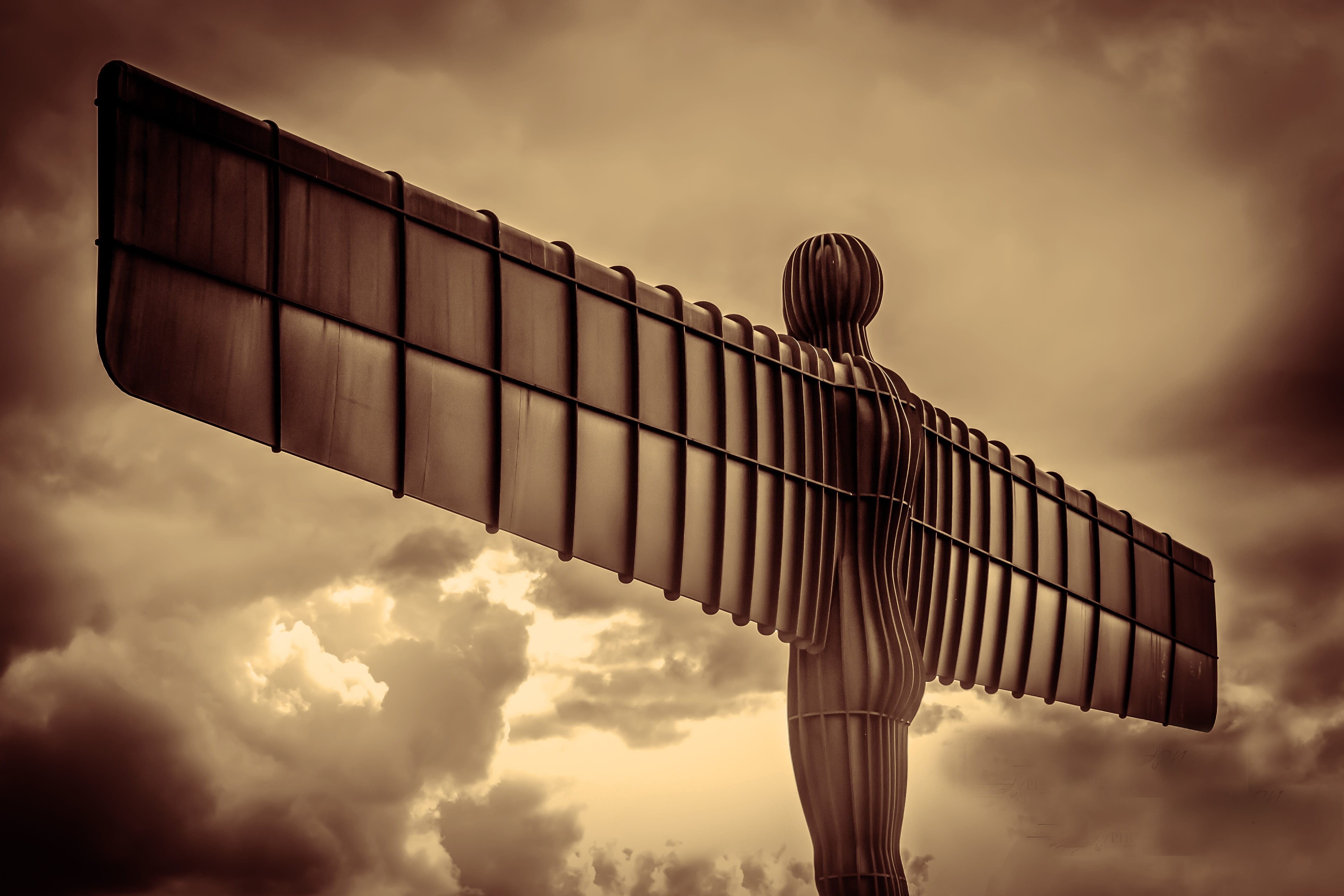 angel of the north, business, ominous, human, dramatic sky, newcastle, nature, cloudscape, iron, symbol, sunset, hopelessness, icon, monument, steel, tourism, HD Wallpaper