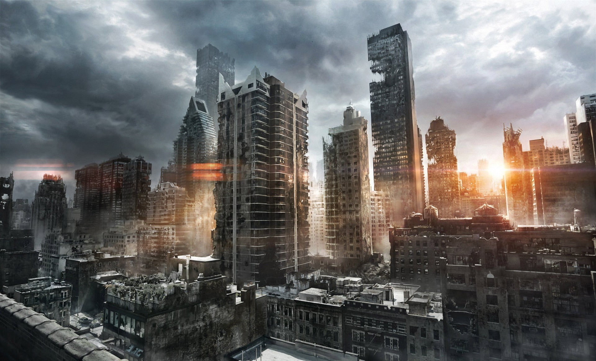 the sun, art, 1080P, postapocalyptic, clouds, sunrise, ruins, morning, the city, jenovah-art, HD Wallpaper